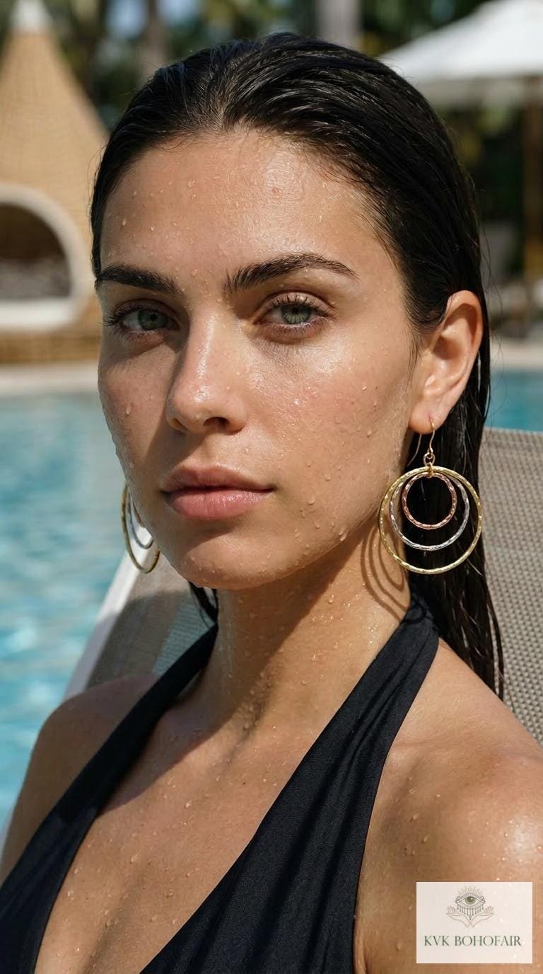 Mixed Metal Dangle Earrings - Hammered Tri Color Nested Hoops, Three Tone Circle Drops