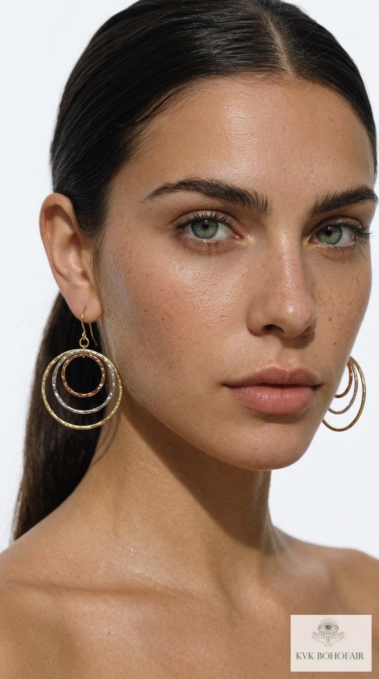 Mixed Metal Dangle Earrings - Hammered Tri Color Nested Hoops, Three Tone Circle Drops