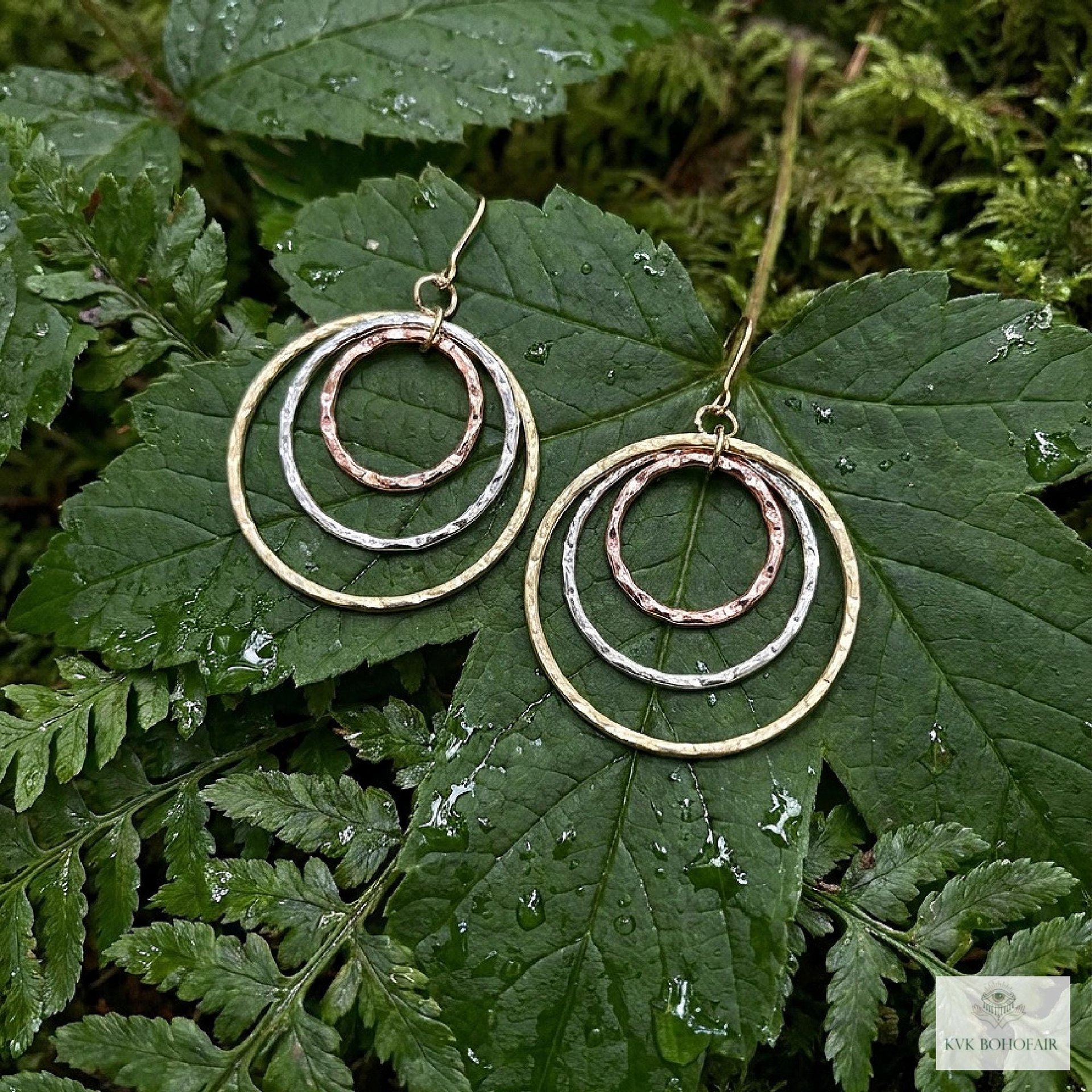 Mixed Metal Dangle Earrings - Hammered Tri Color Nested Hoops, Three Tone Circle Drops