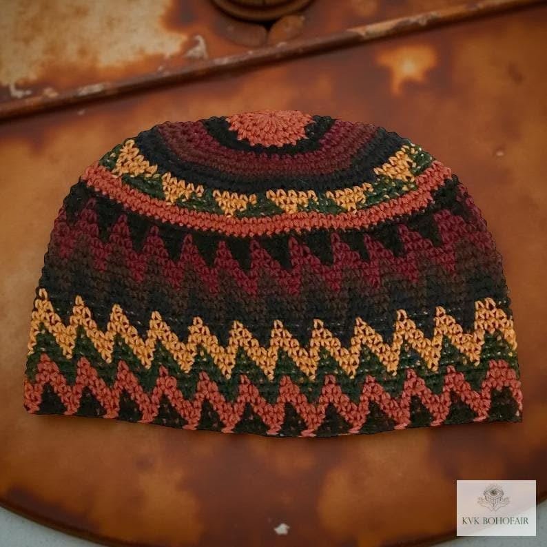 Earth Zig Zag Kufi Skull Cap - Crocheted Beanie Hat, Ethically sourced