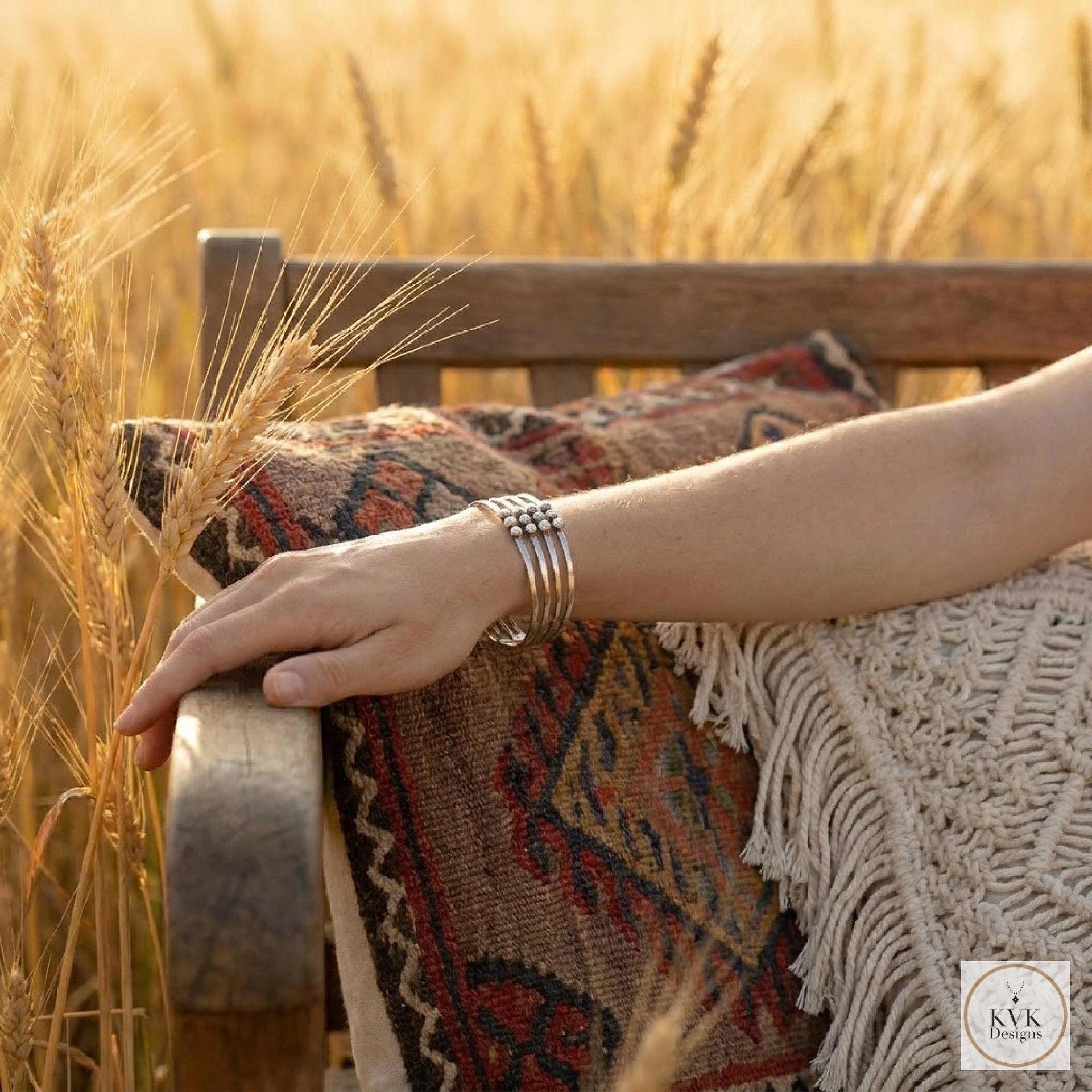 Hammered Silver Beaded Cuff Bracelet: Handcrafted Boho Jewelry