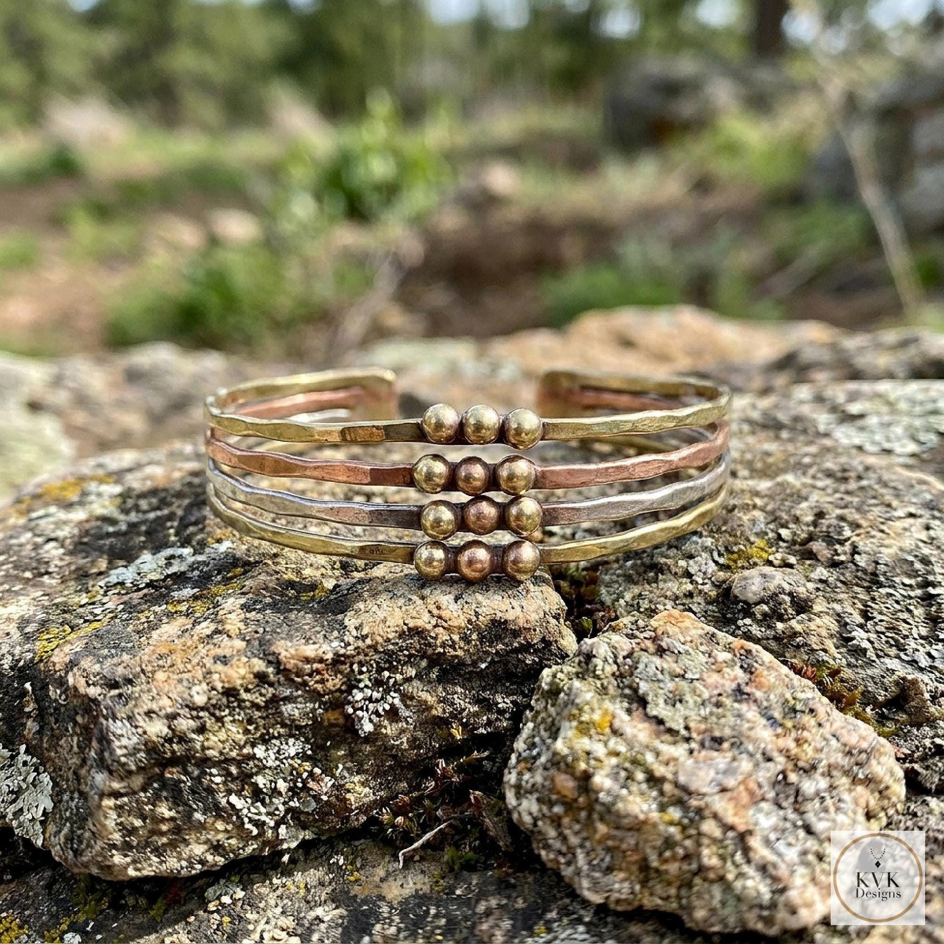 Hammered Mixed Metal Beaded Cuff Bracelet: Handcrafted Boho Jewelry