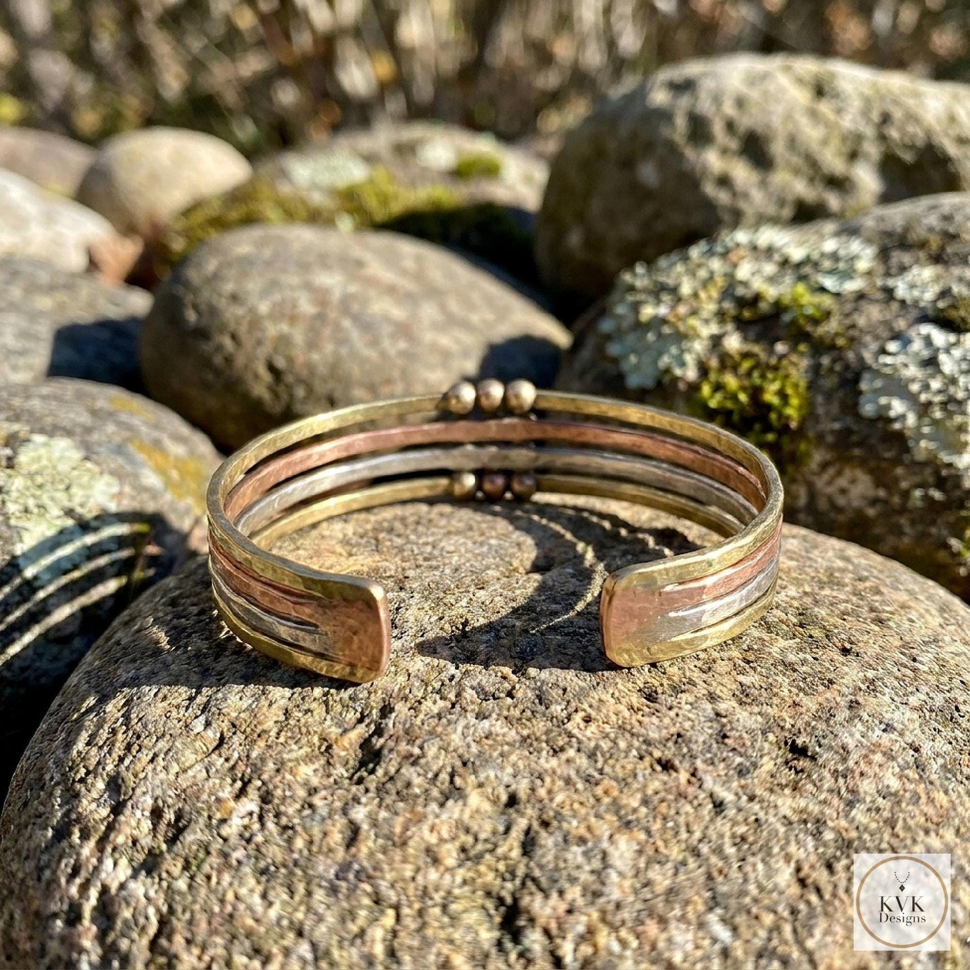 Hammered Mixed Metal Beaded Cuff Bracelet: Handcrafted Boho Jewelry
