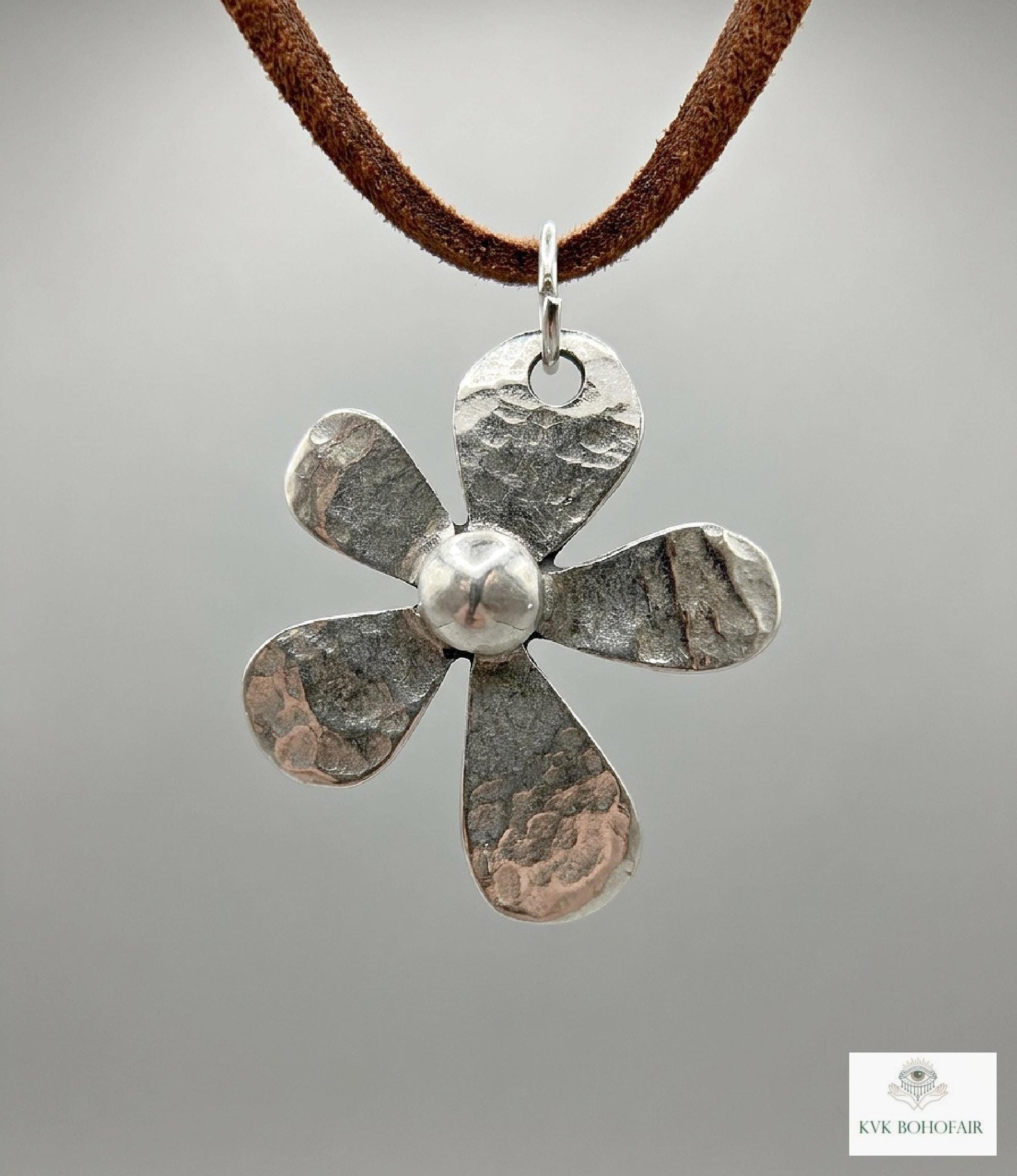 Silver Boho Flower Choker Necklace, Brown Suede Botanical Pendant