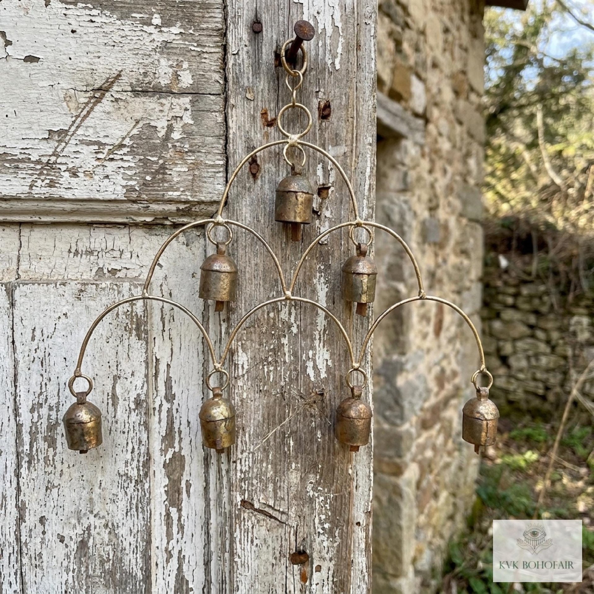 Artisan Chandelier Bells Wind Chime, Recycled Metal Garden Decor, Outdoor Patio Hanging Bells