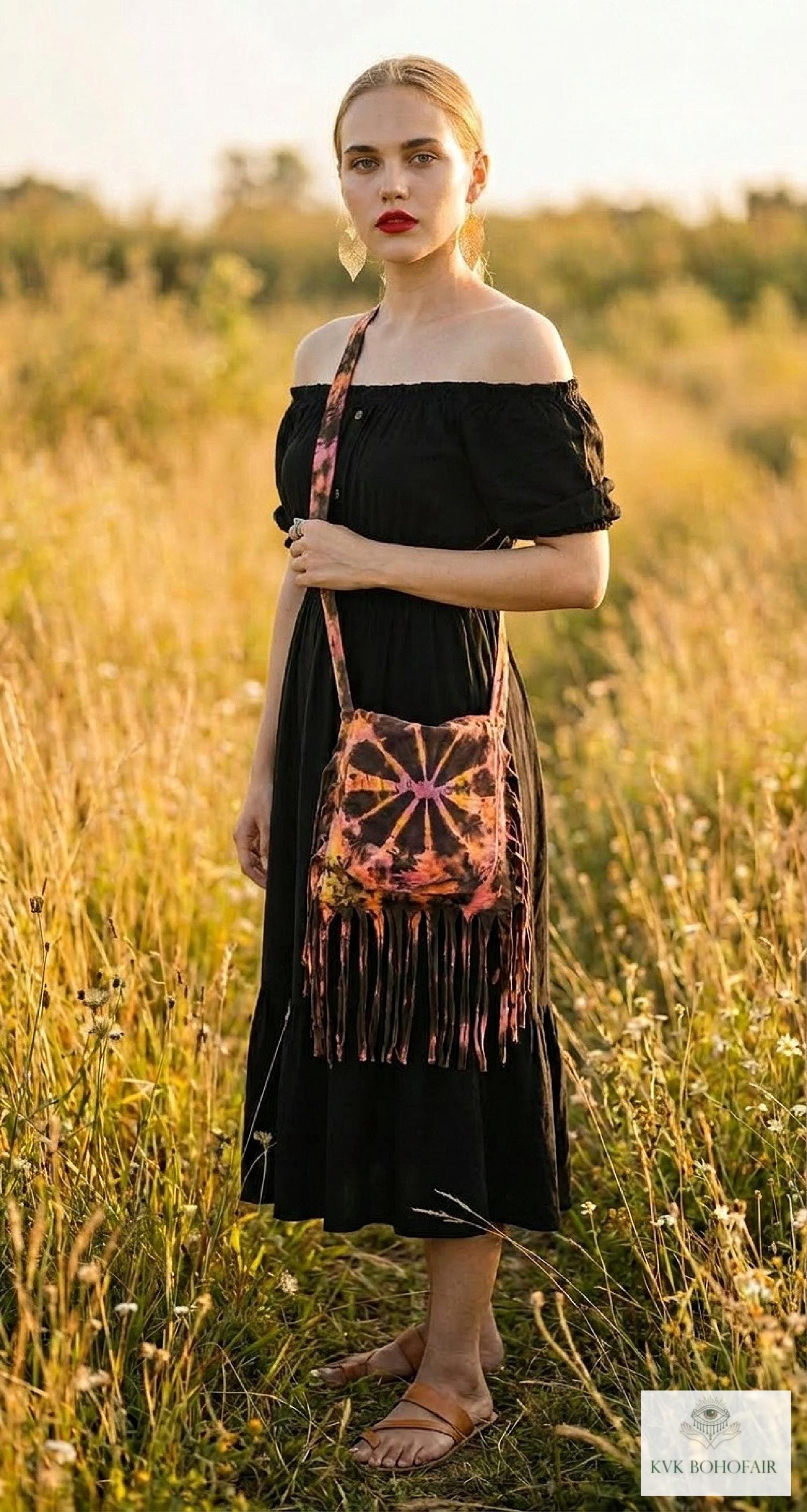 Handcrafted Tie Dye Fringe Bag - Bohemian Festival Crossbody Purse