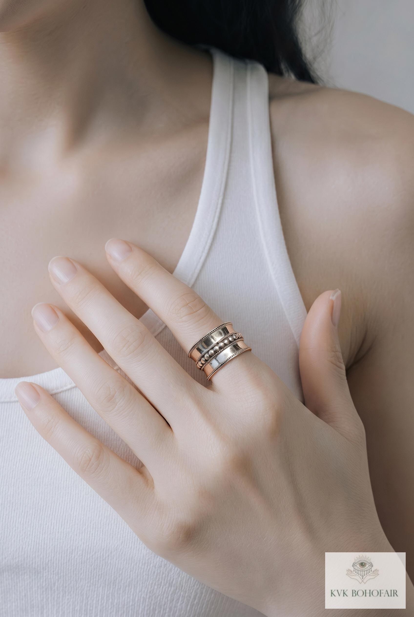 Sterling Silver Wide Band Ring: Boho Dot Detail, Handmade