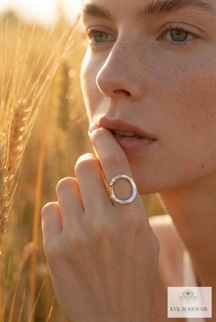 Open Circle Sterling Silver Ring, Boho Minimalist Band, Handmade Geometric Jewelry
