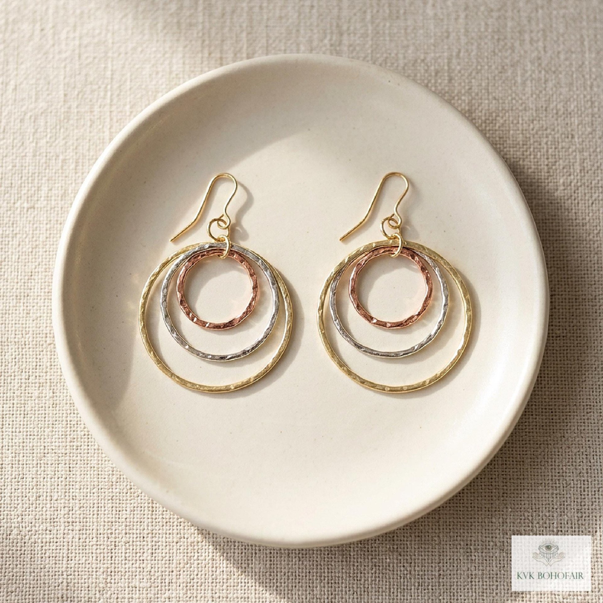 Mixed Metal Dangle Earrings - Hammered Tri Color Nested Hoops, Three Tone Circle Drops