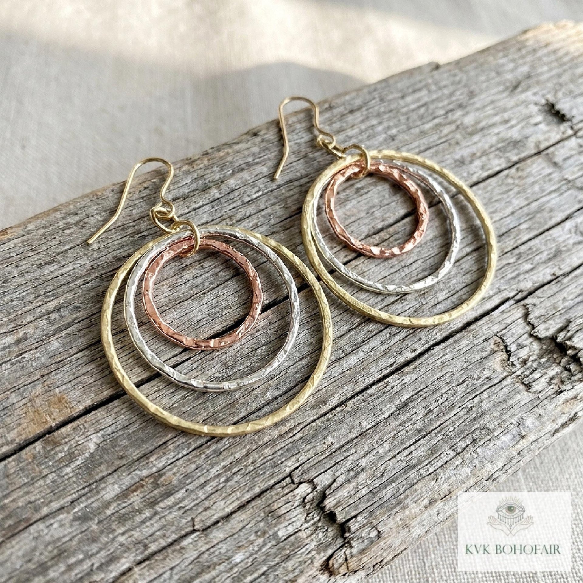 Mixed Metal Dangle Earrings - Hammered Tri Color Nested Hoops, Three Tone Circle Drops