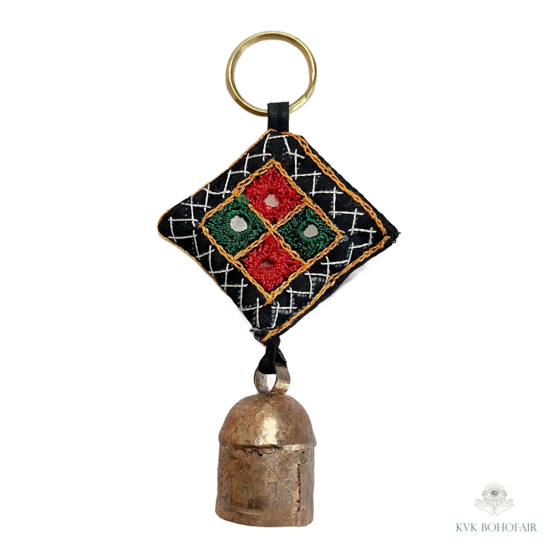 Boho Shisha Mirror Embroidery Bell Keychain - Artisan Indian Recycled Chime