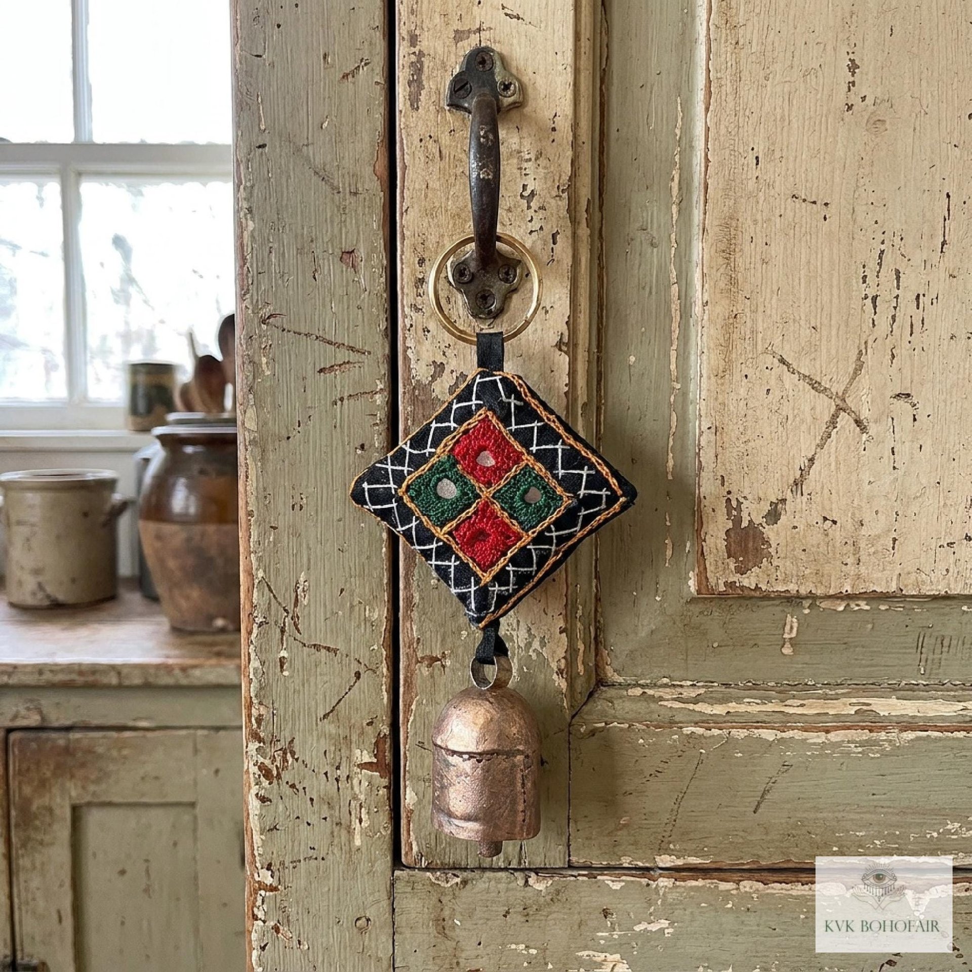 Boho Shisha Mirror Embroidery Bell Keychain - Artisan Indian Recycled Chime