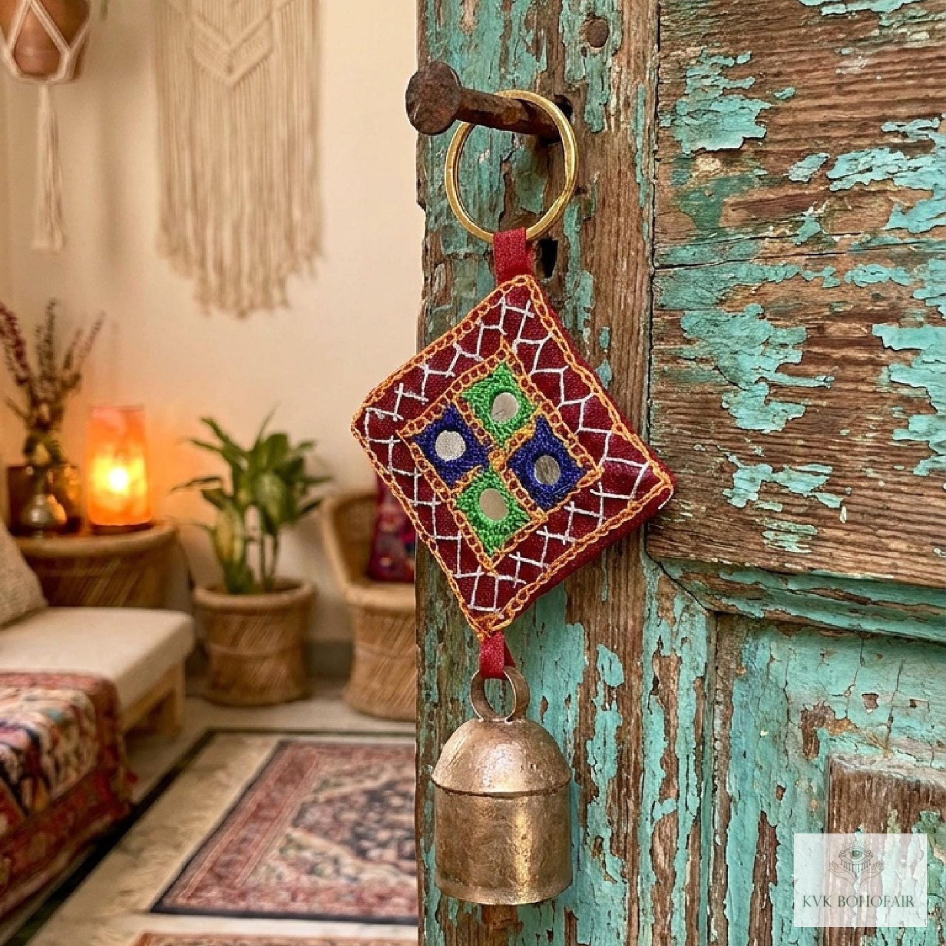 Boho Shisha Mirror Embroidery Bell Keychain - Artisan Indian Recycled Chime