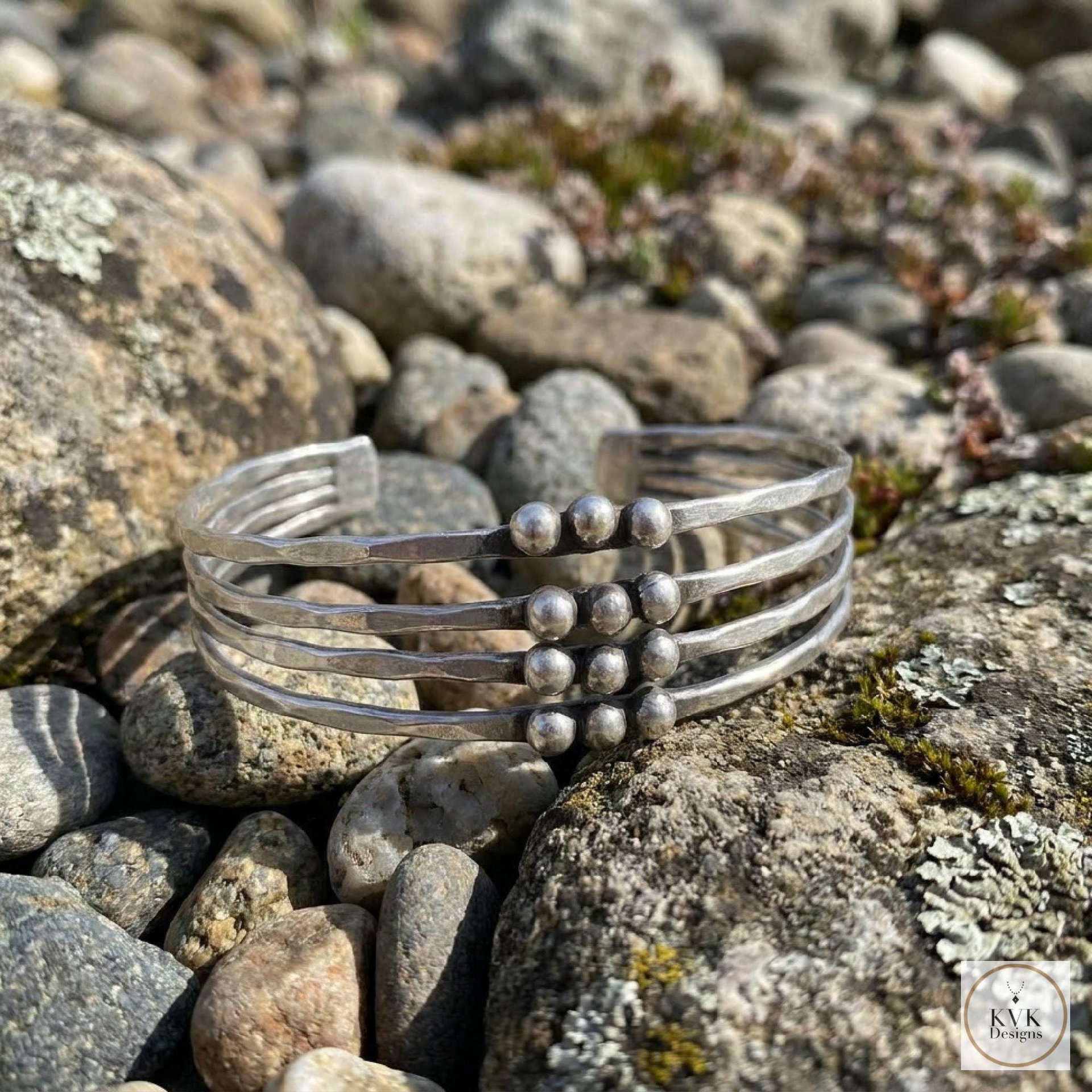 Hammered Silver Beaded Cuff Bracelet: Handcrafted Boho Jewelry