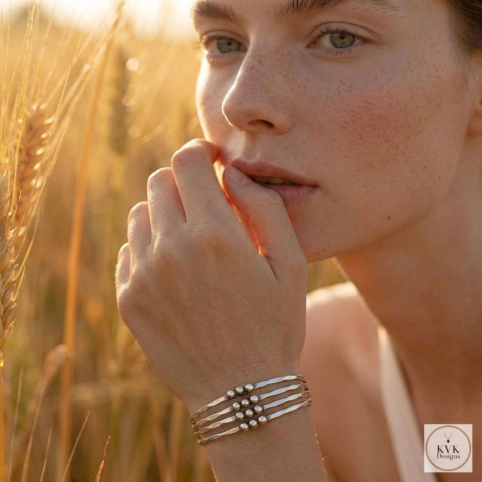 Hammered Silver Beaded Cuff Bracelet: Handcrafted Boho Jewelry