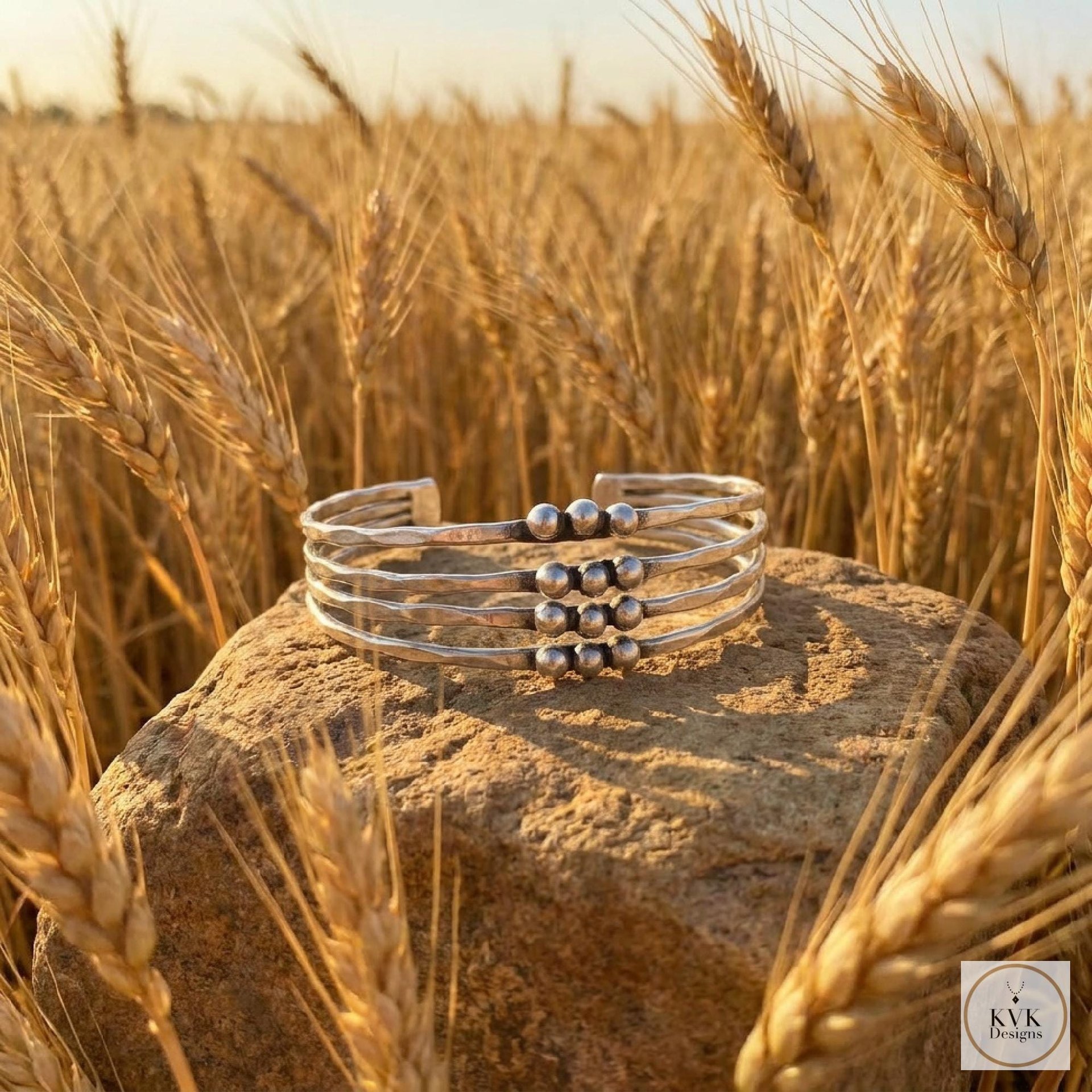 Hammered Silver Beaded Cuff Bracelet: Handcrafted Boho Jewelry