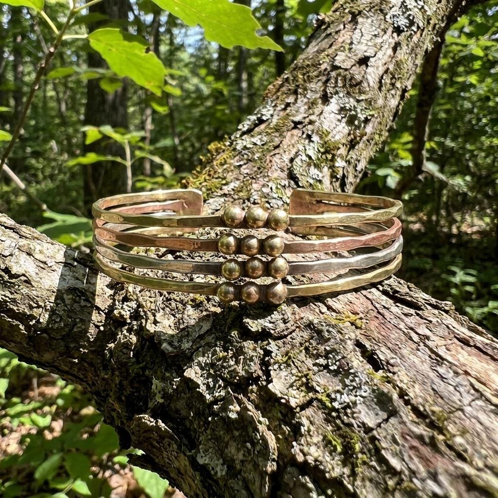 Hammered Mixed Metal Beaded Cuff Bracelet: Handcrafted Boho Jewelry