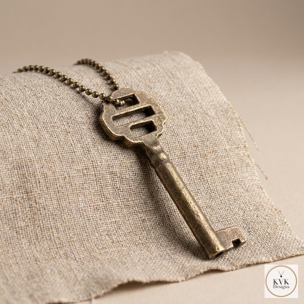 Antique Iron Skeleton Key Necklace OPHELIA, Two-Bladed Trunk Lock Pendant, Brass Ball