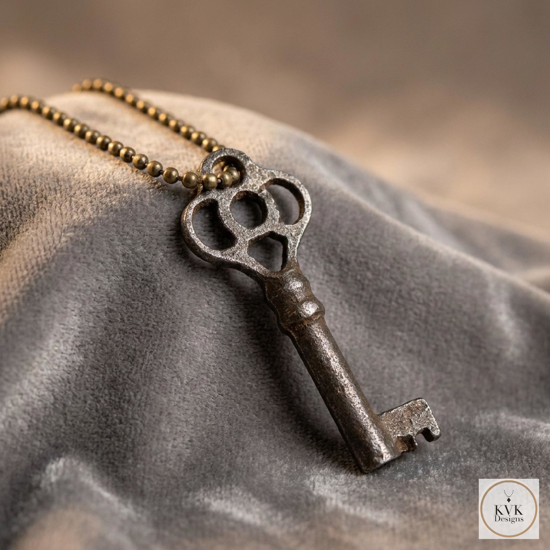 Antique Skeleton Key Necklace JULIET, Fancy Bow Iron Pendant, Brass Ball Chain Gothic Jewelry