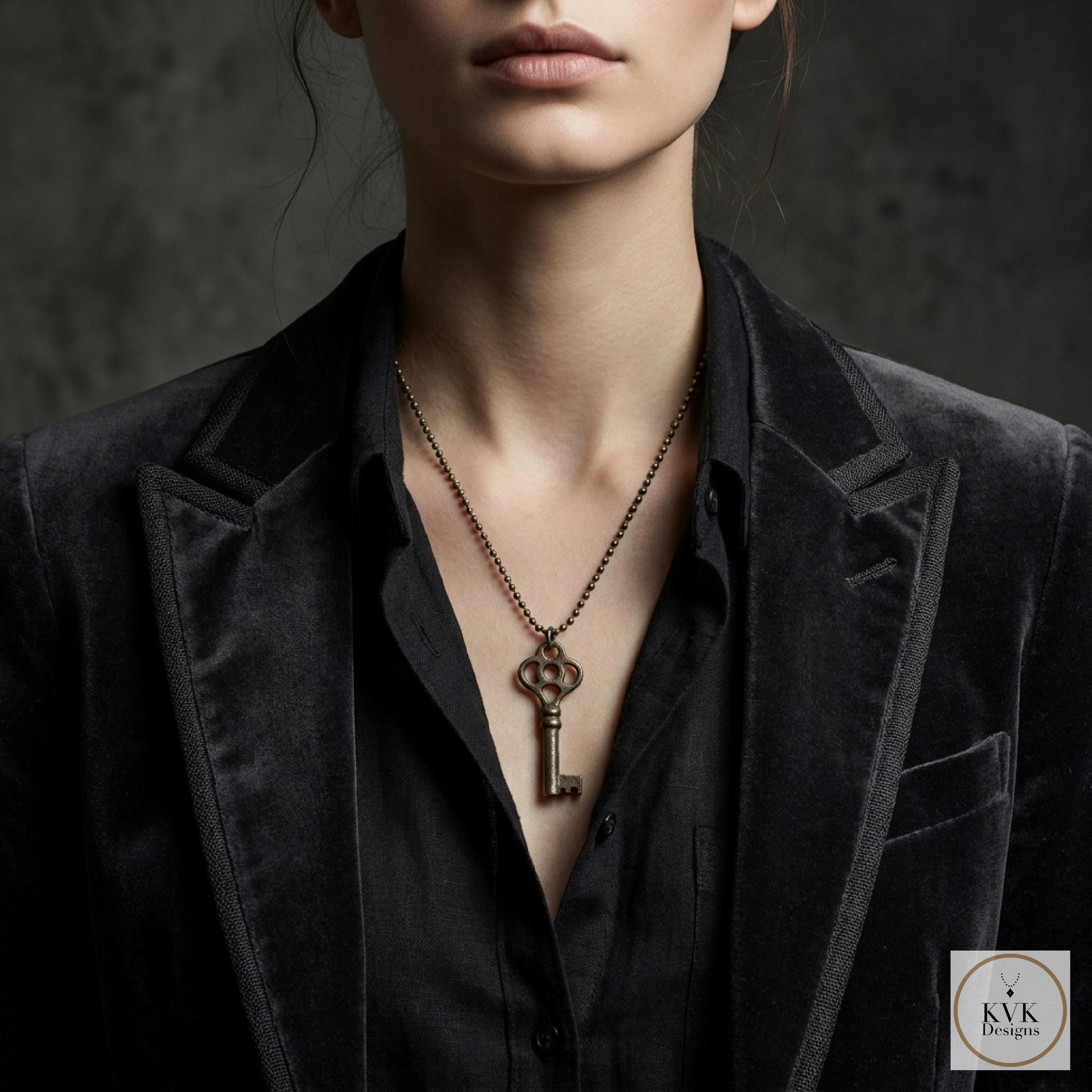 Antique Skeleton Key Necklace JULIET, Fancy Bow Iron Pendant, Brass Ball Chain Gothic Jewelry