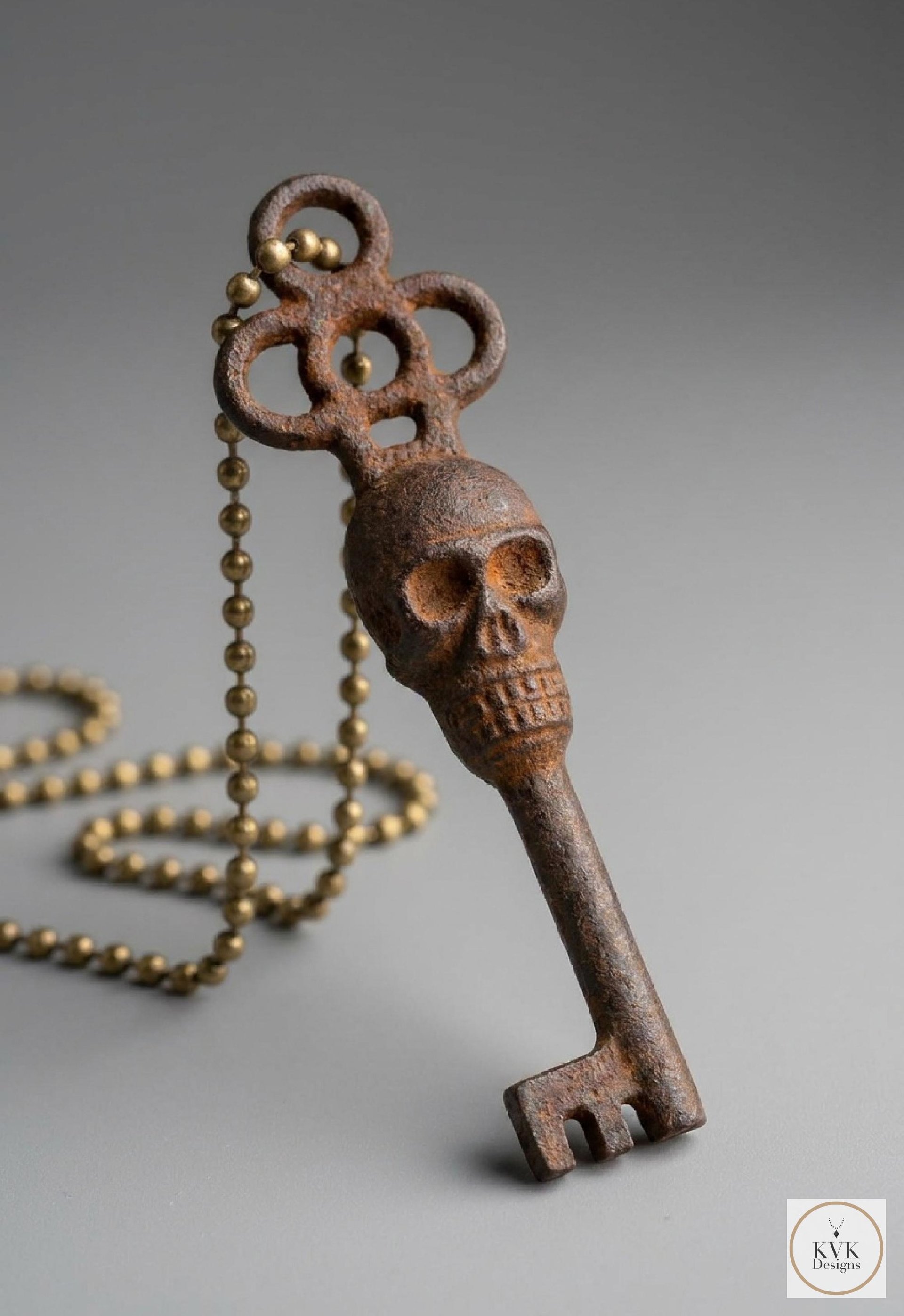 Gothic Skull Key Necklace - Antique Bronze Boho Pendant Chain