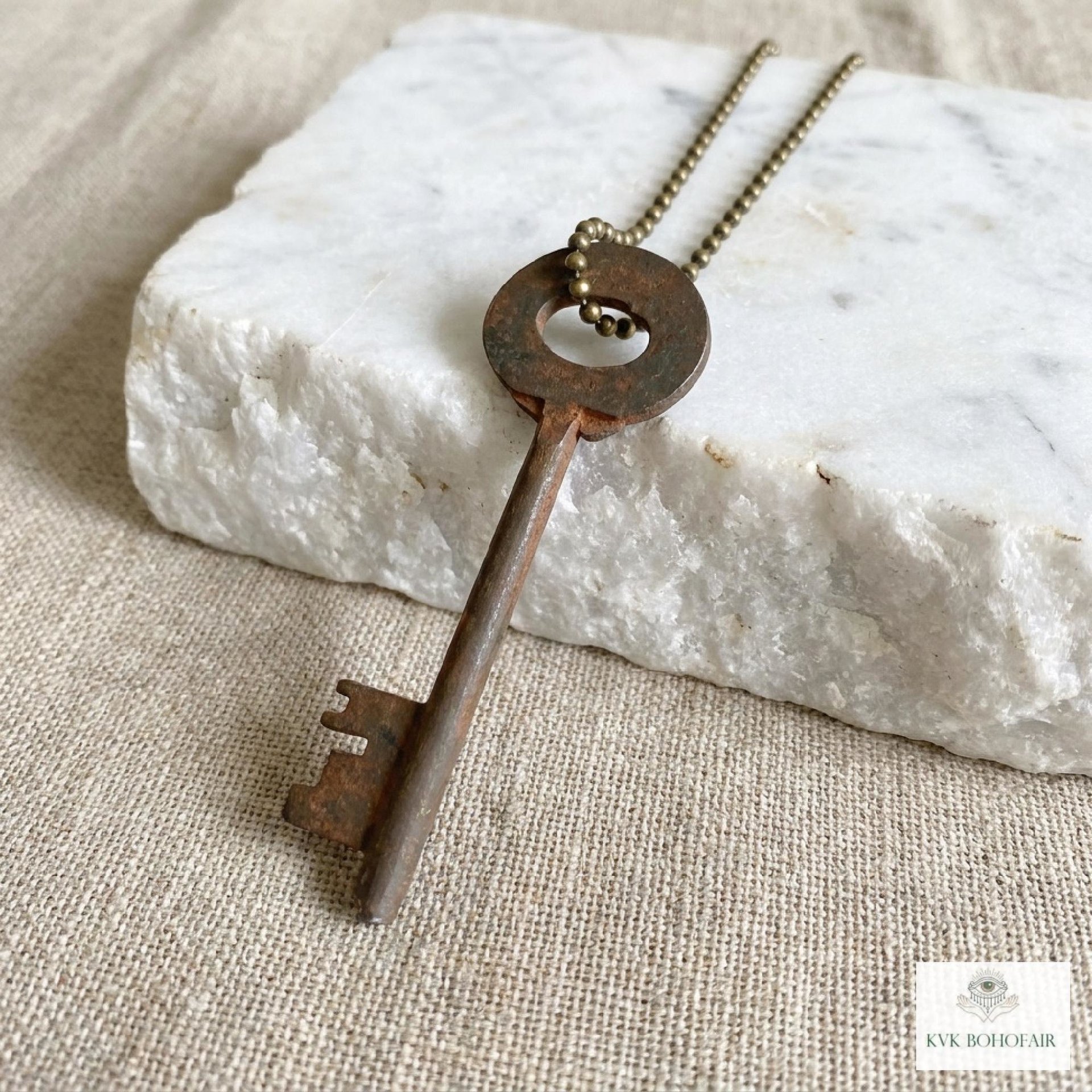 Antique Skeleton Key Necklace CLARA, Iron Trunk Pendant, Brass Ball Jewelry