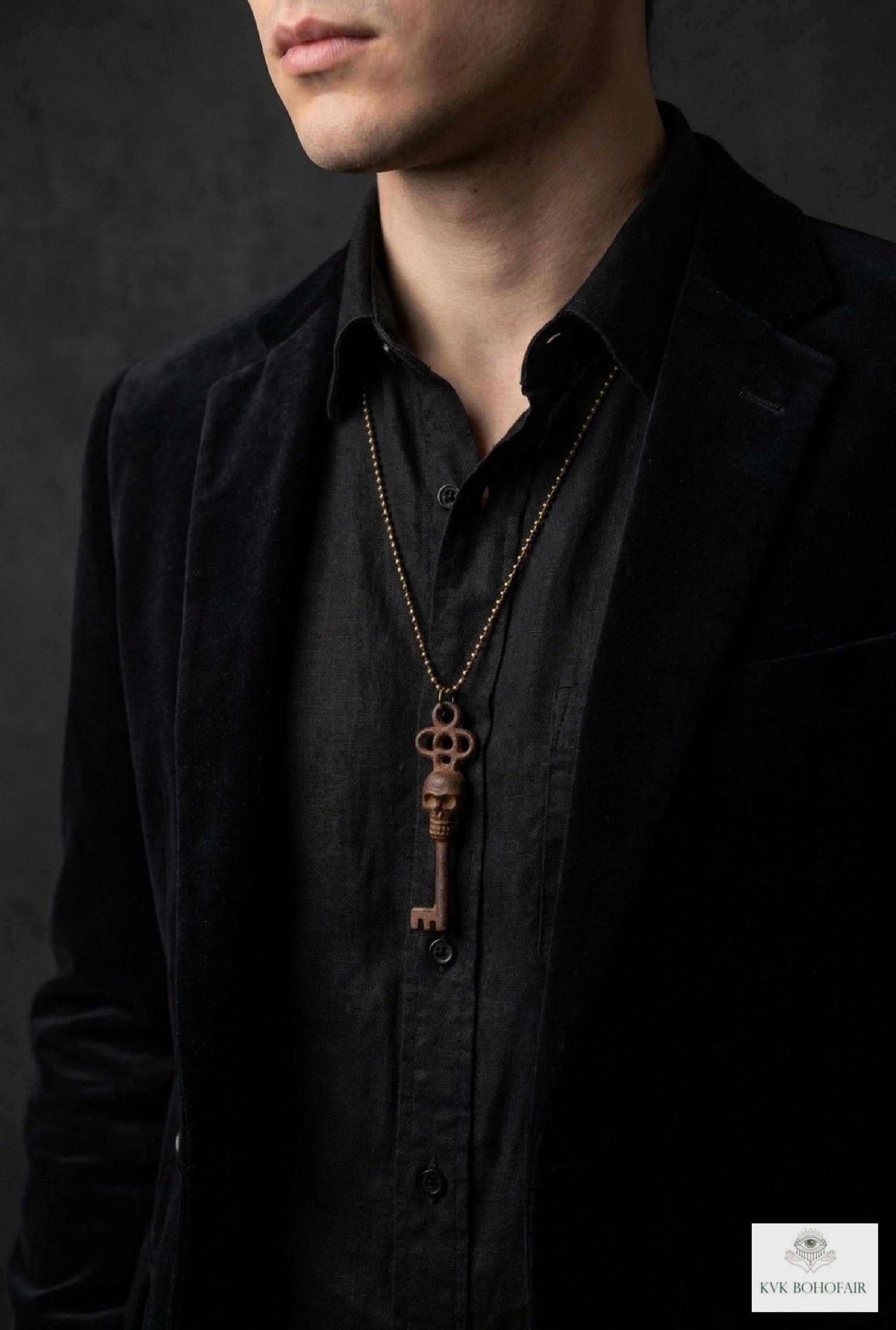 Gothic Skull Key Necklace - Antique Bronze Boho Pendant Chain