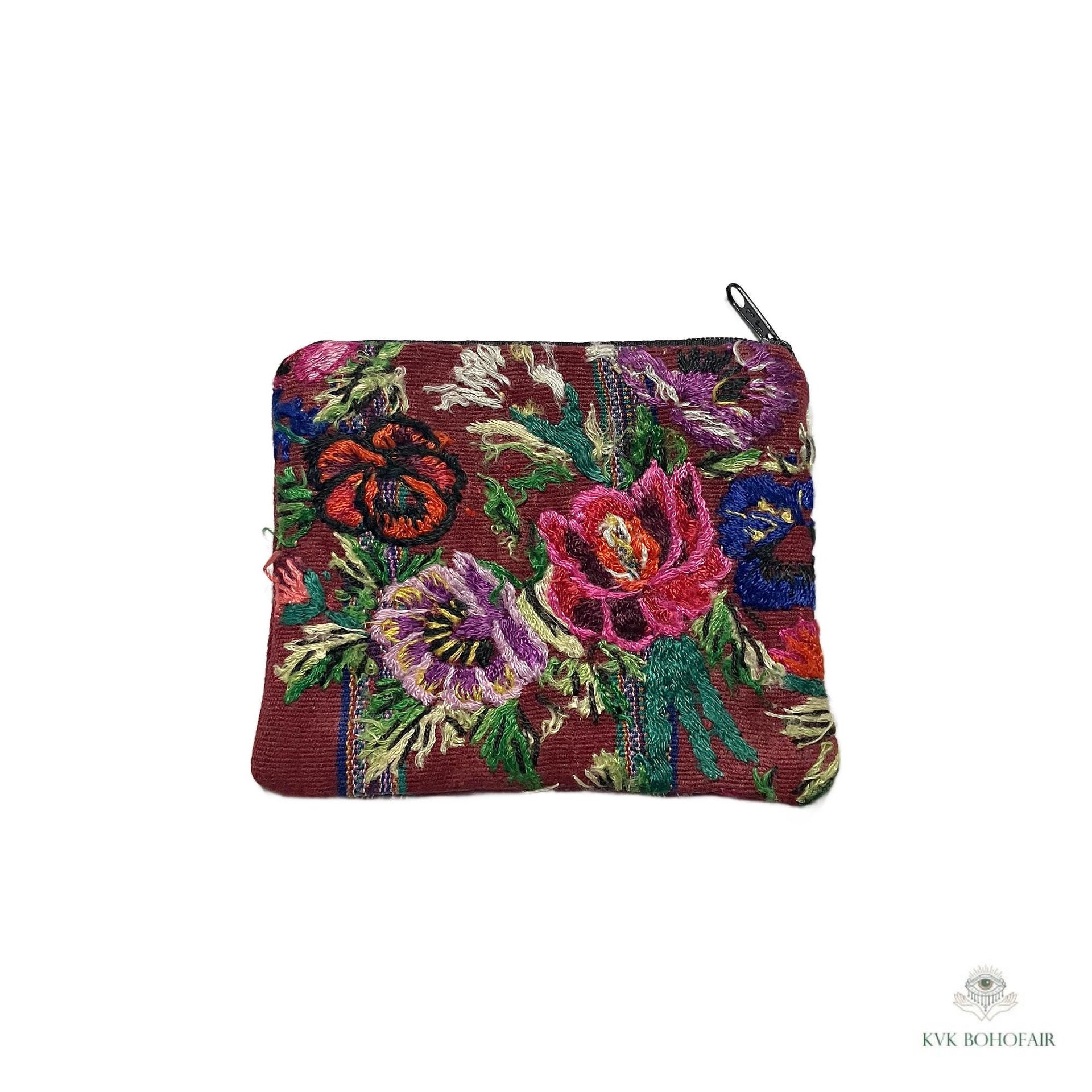 Colorful Guatemalan Huipil Coin Purse - Handmade Boho Wallet with Zip Top Closure
