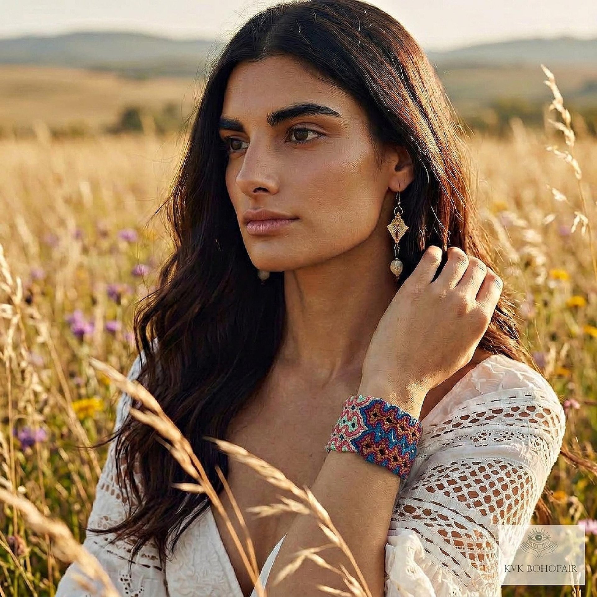 Boho Wide Woven Cotton Cuff Bracelet - Adjustable Fabric Wristband