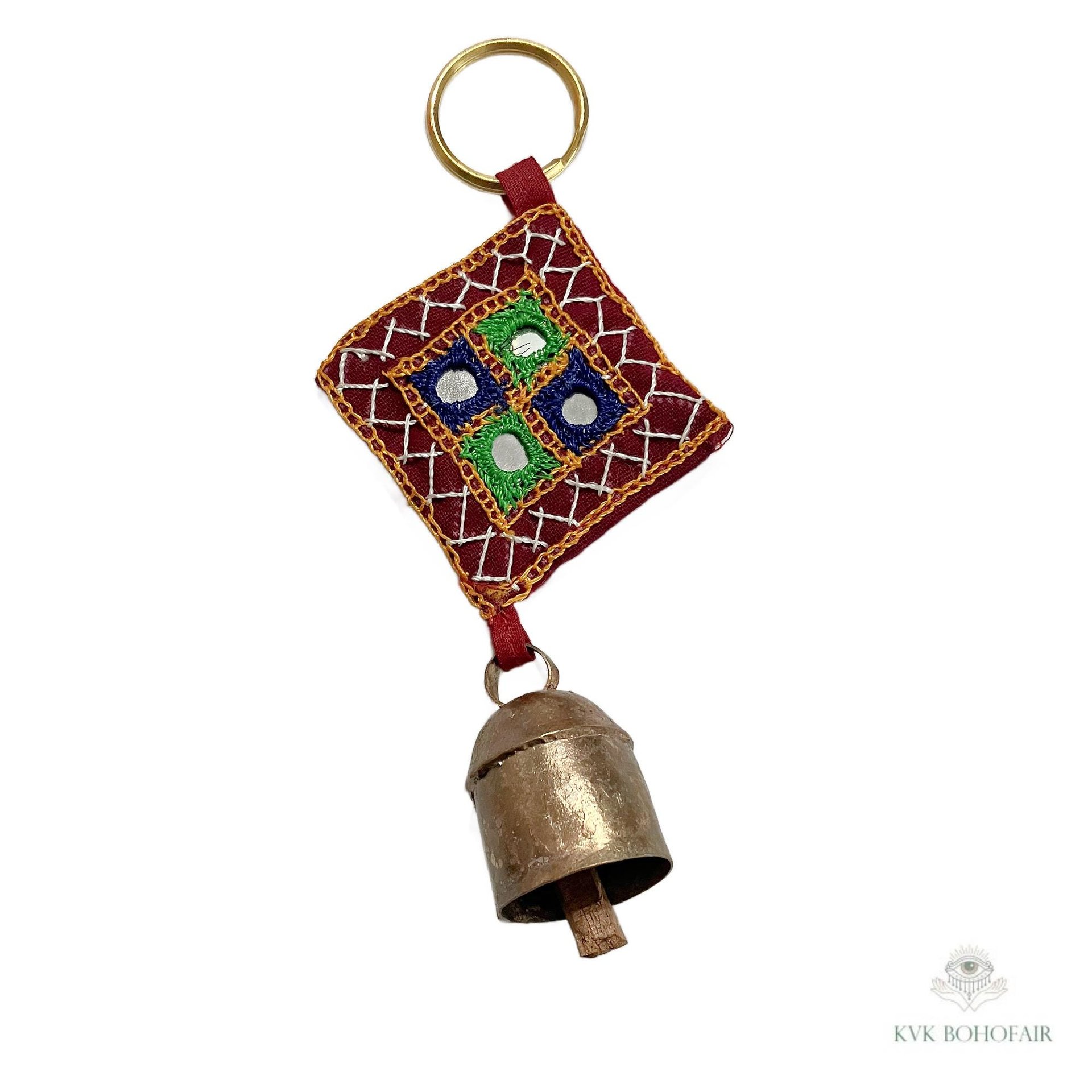 Boho Shisha Mirror Embroidery Bell Keychain - Artisan Indian Recycled Chime