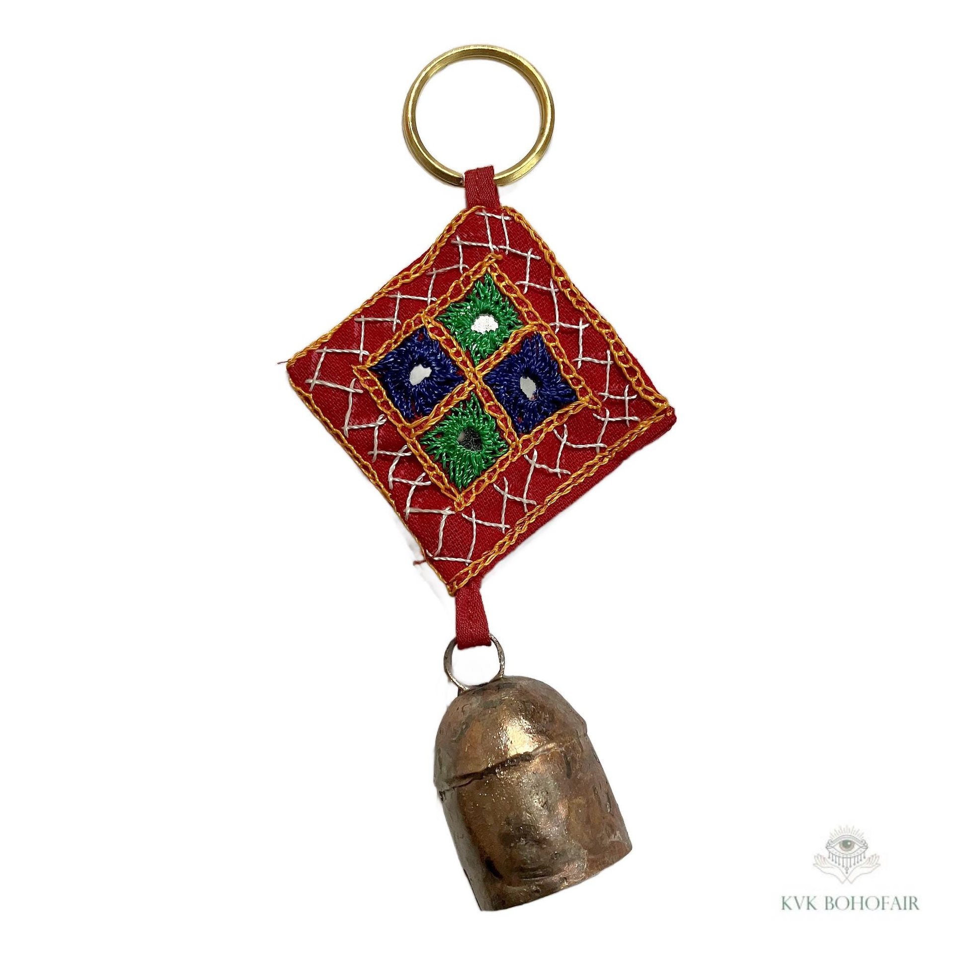 Boho Shisha Mirror Embroidery Bell Keychain - Artisan Indian Recycled Chime