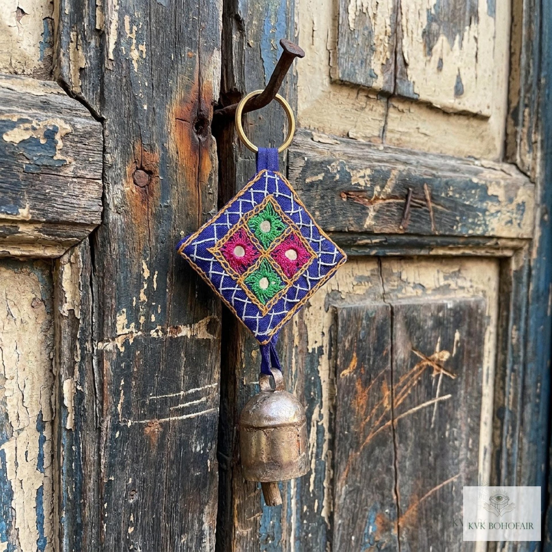 Boho Shisha Mirror Embroidery Bell Keychain - Artisan Indian Recycled Chime