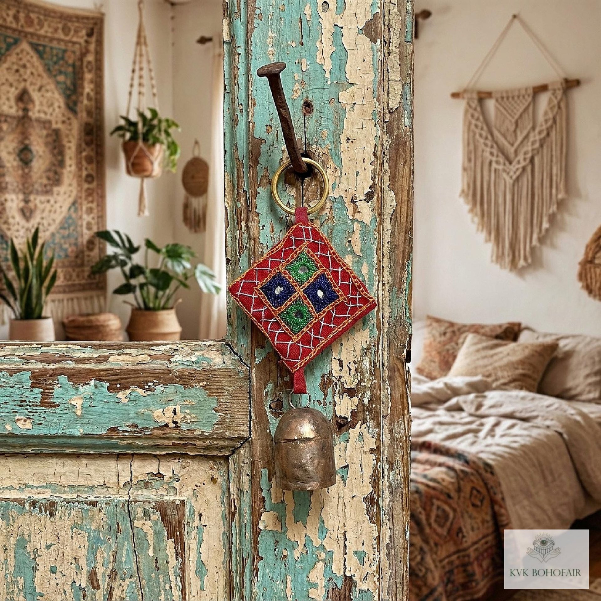 Boho Shisha Mirror Embroidery Bell Keychain - Artisan Indian Recycled Chime