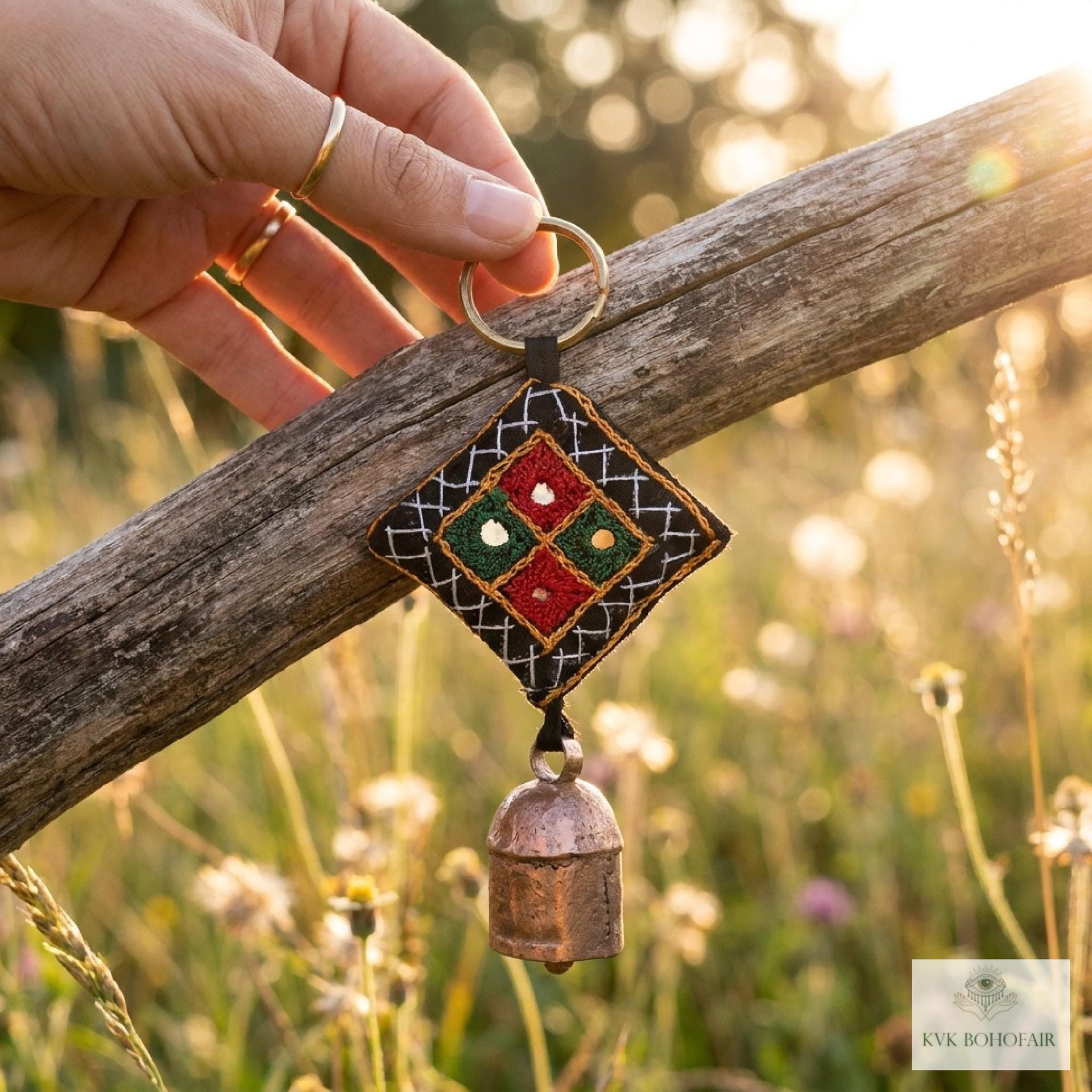 Boho Shisha Mirror Embroidery Bell Keychain - Artisan Indian Recycled Chime
