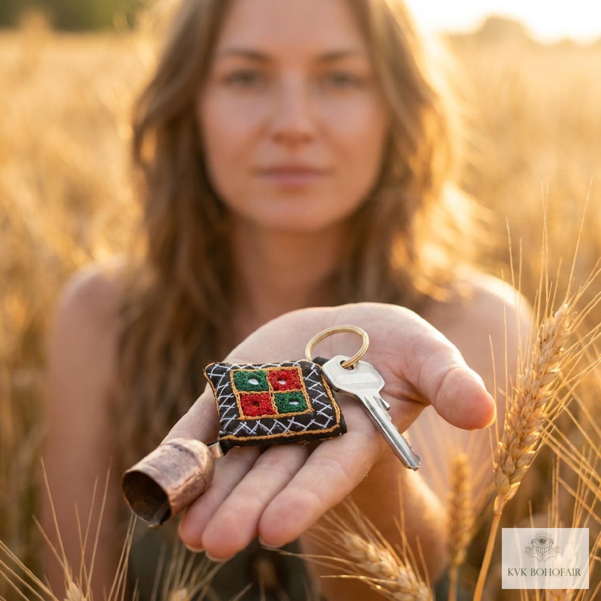Boho Shisha Mirror Embroidery Bell Keychain - Artisan Indian Recycled Chime
