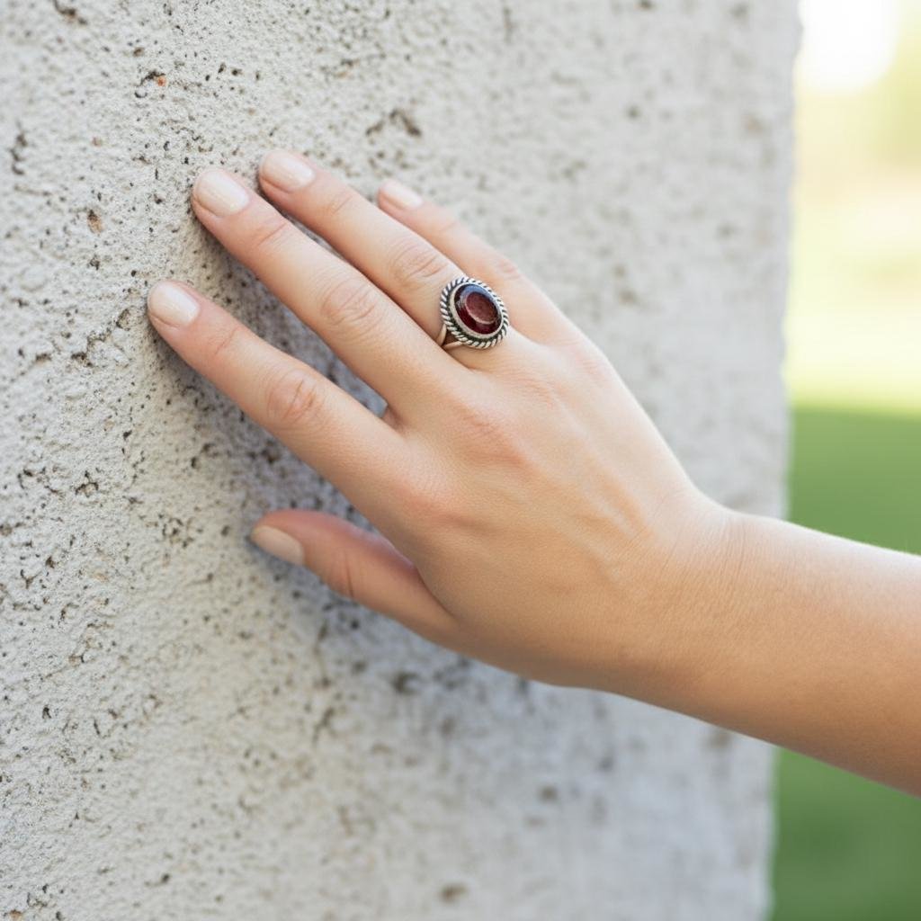 Faceted Garnet Ring with Rope Edge worn by model leaning against a stone wall