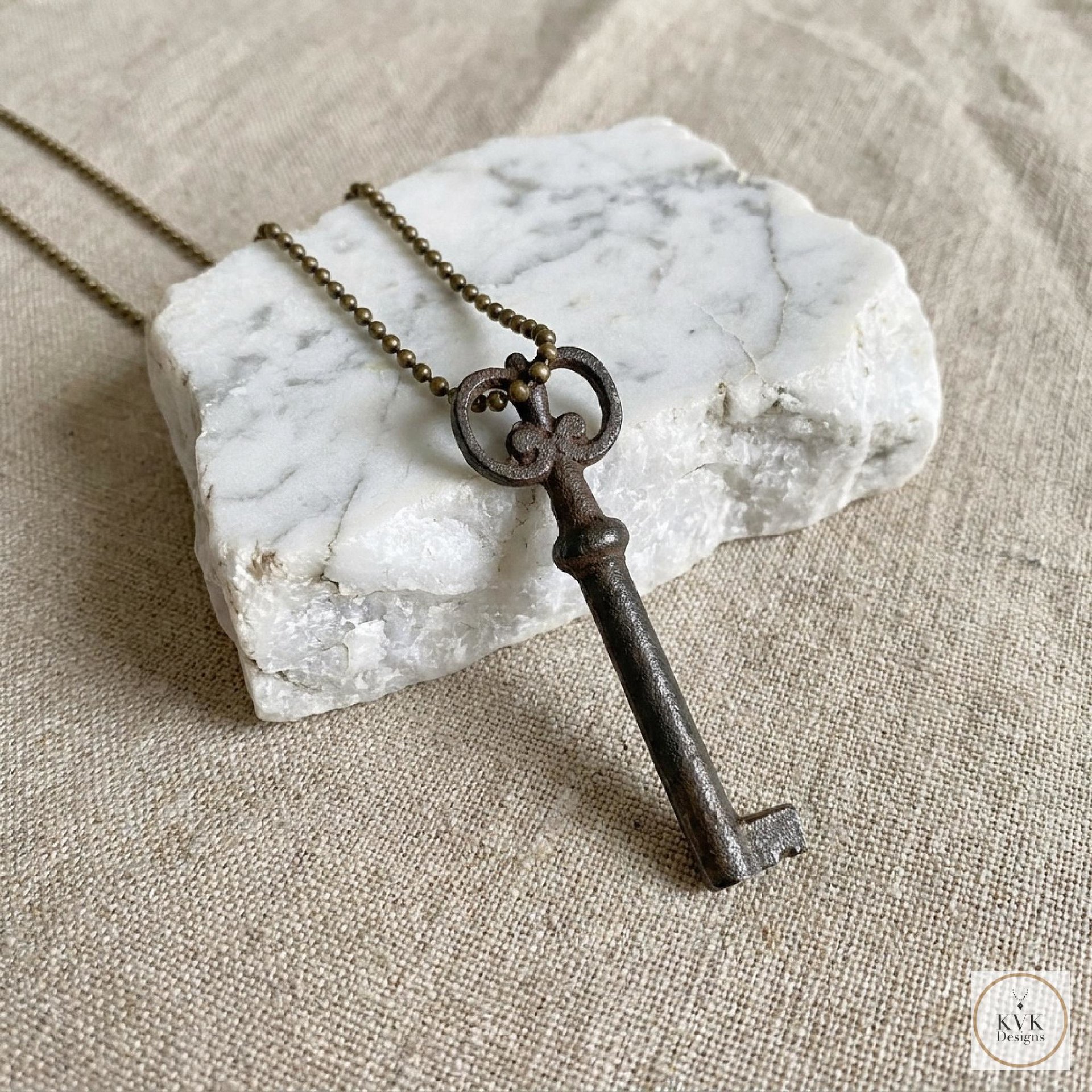 Antique Skeleton Key Necklace FLORA, Iron Trunk Pendant, Brass Ball Jewelry