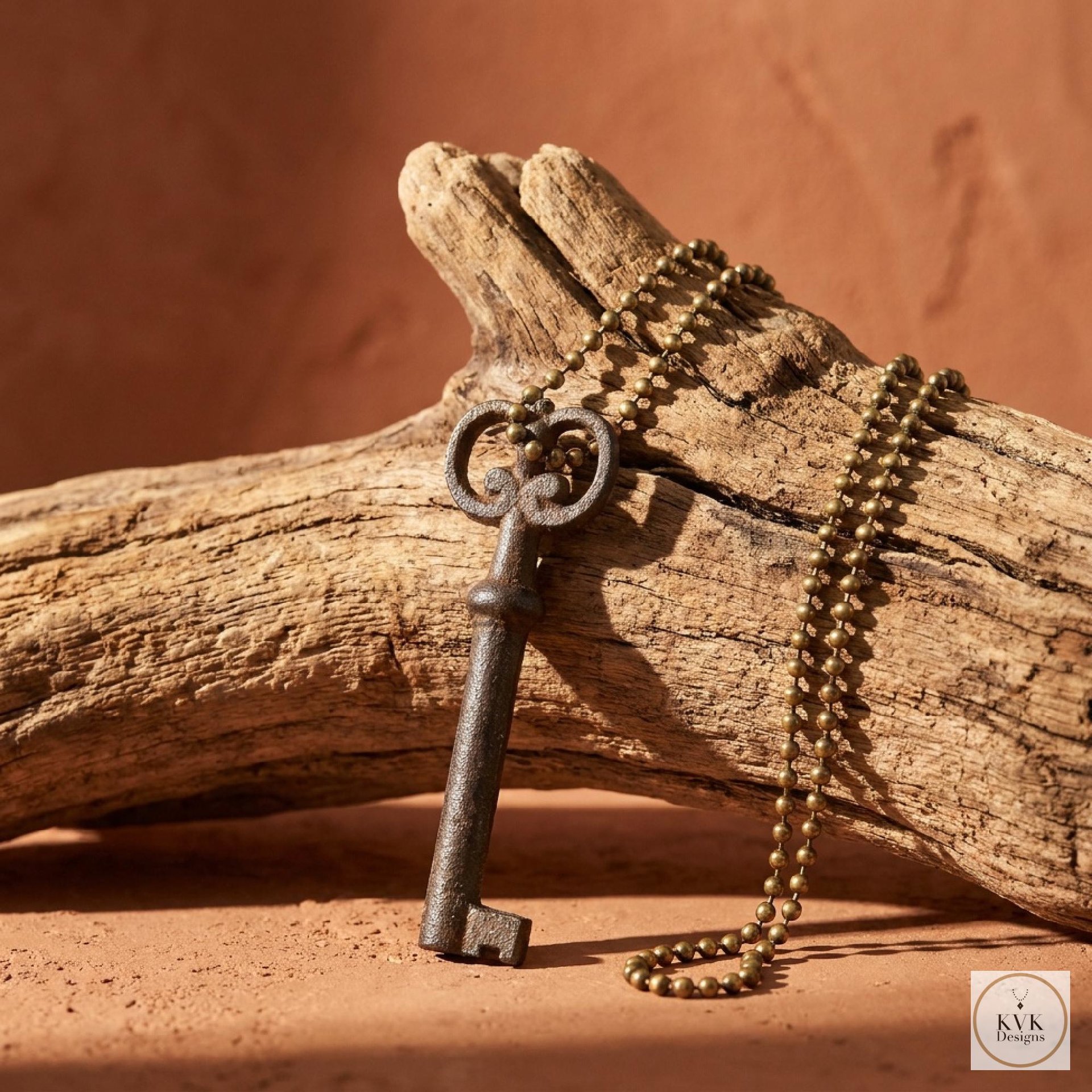 Antique Skeleton Key Necklace FLORA, Iron Trunk Pendant, Brass Ball Jewelry