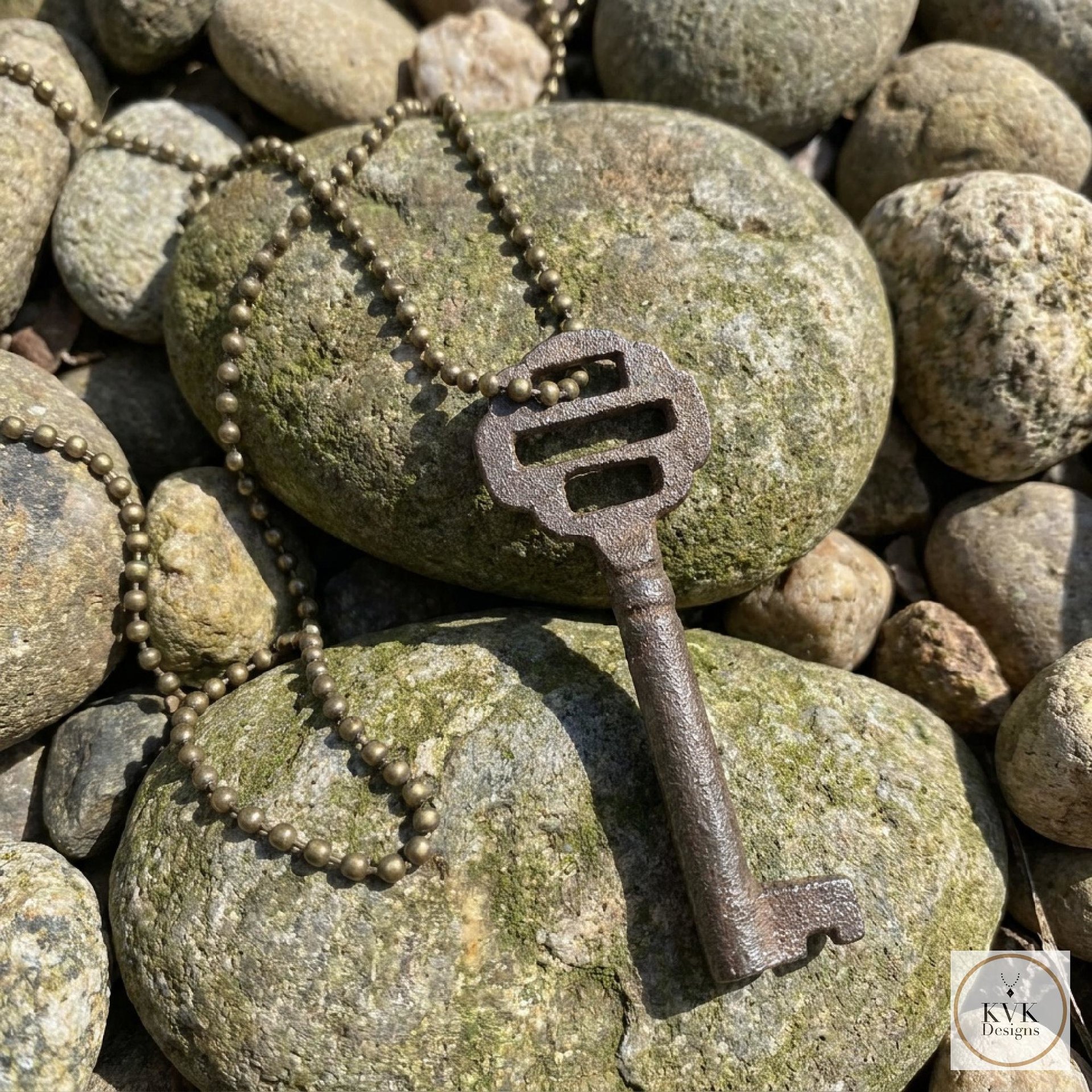 Antique Iron Skeleton Key Necklace OPHELIA, Two-Bladed Trunk Lock Pendant, Brass Ball