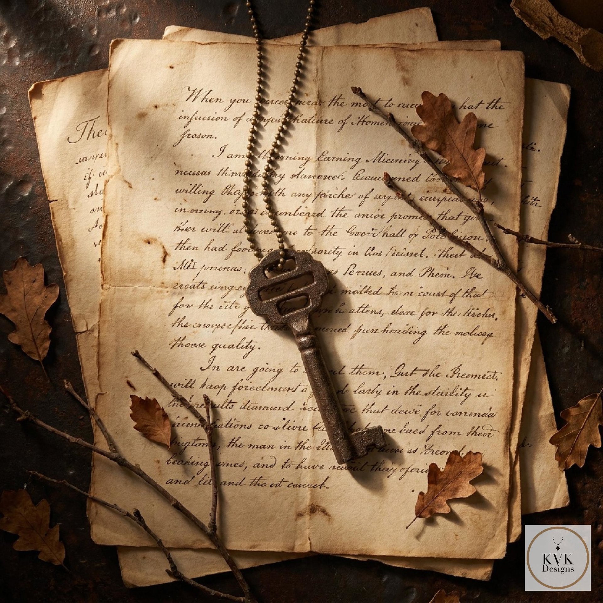 Antique Iron Skeleton Key Necklace OPHELIA, Two-Bladed Trunk Lock Pendant, Brass Ball