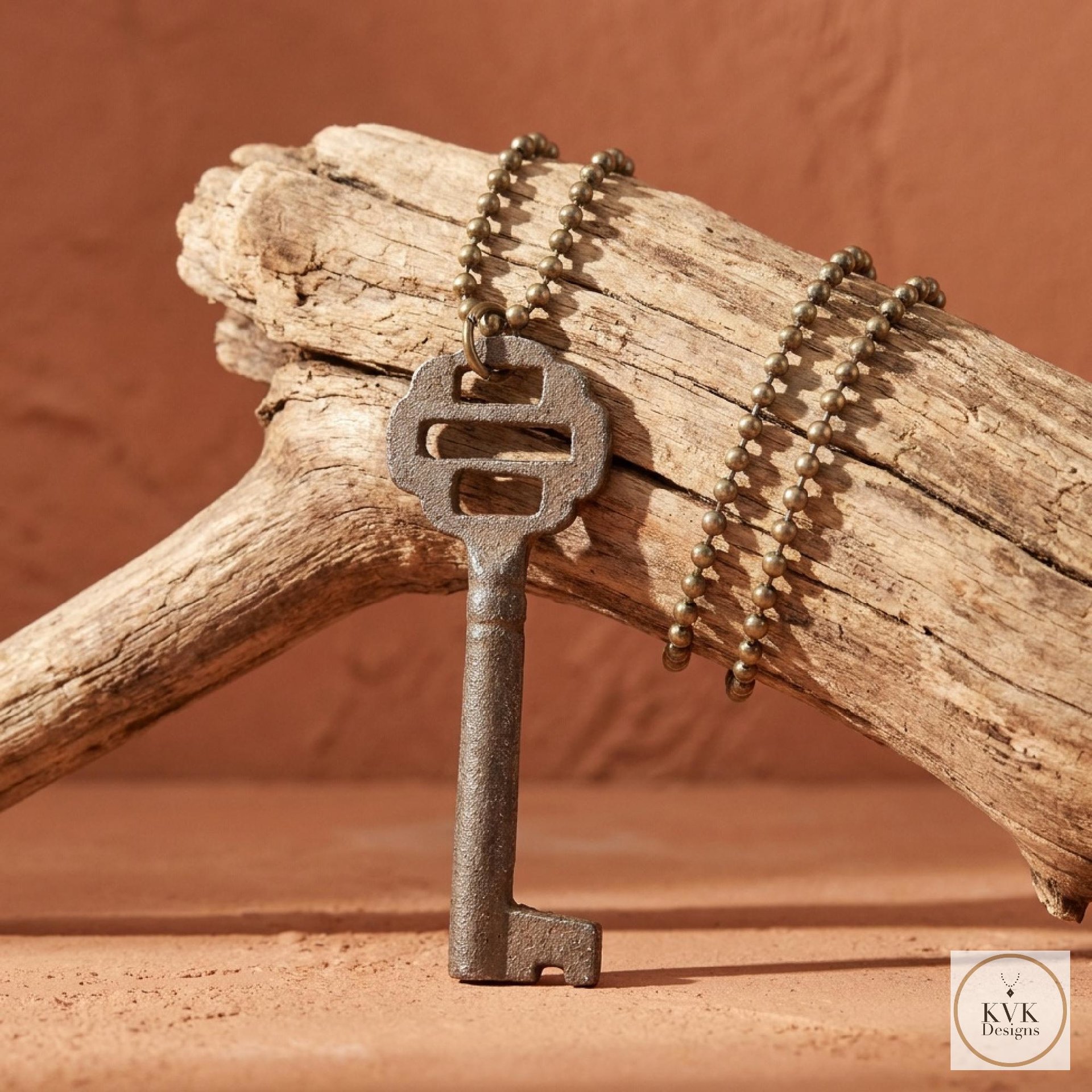 Antique Iron Skeleton Key Necklace OPHELIA, Two-Bladed Trunk Lock Pendant, Brass Ball