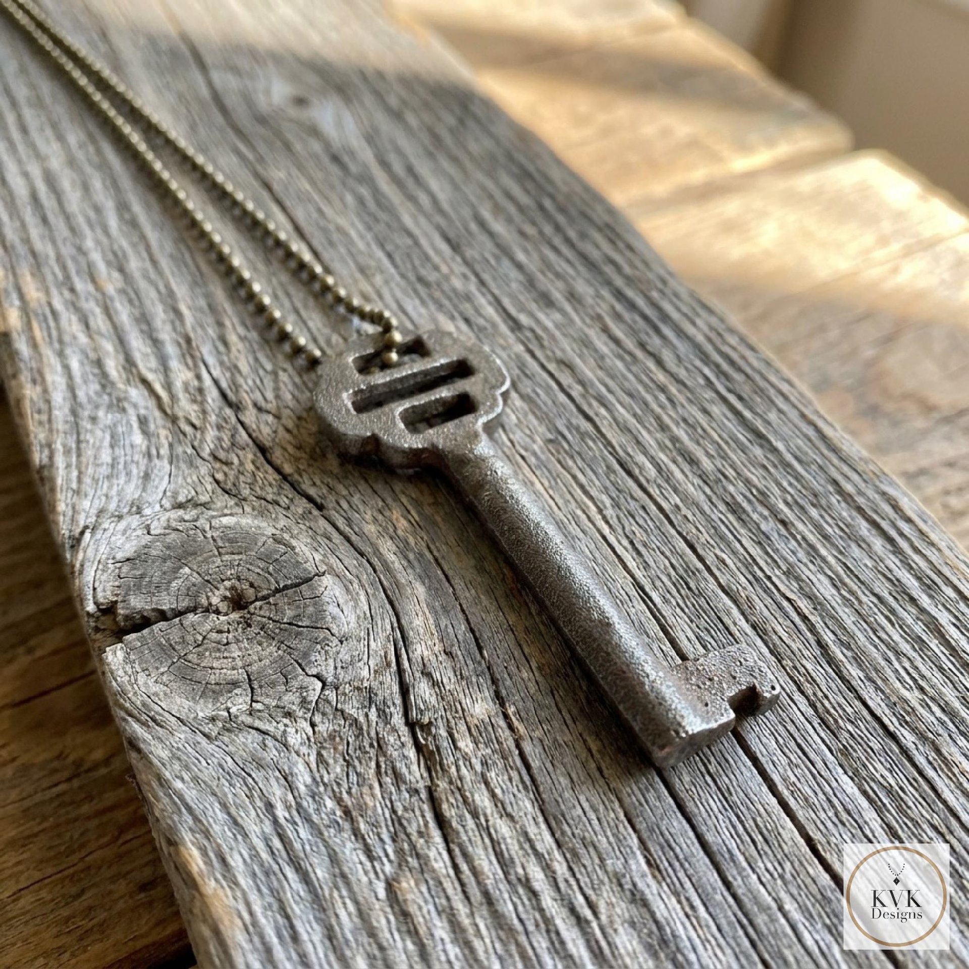 Antique Iron Skeleton Key Necklace OPHELIA, Two-Bladed Trunk Lock Pendant, Brass Ball