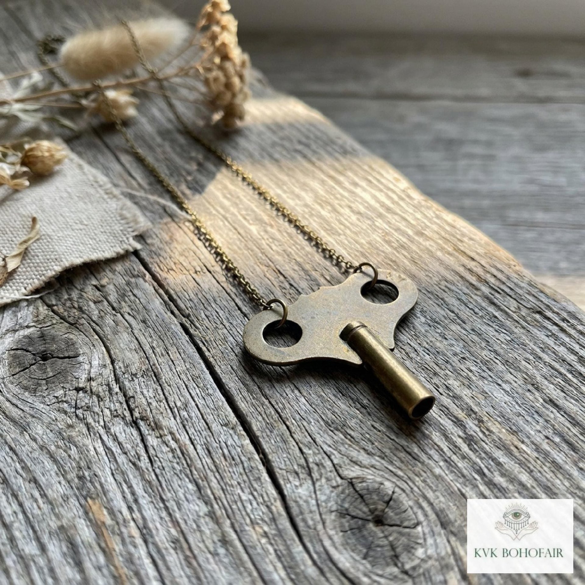 Vintage Clock Key Necklace PENELOPE, Repurposed Brass Winding Pendant, Steampunk