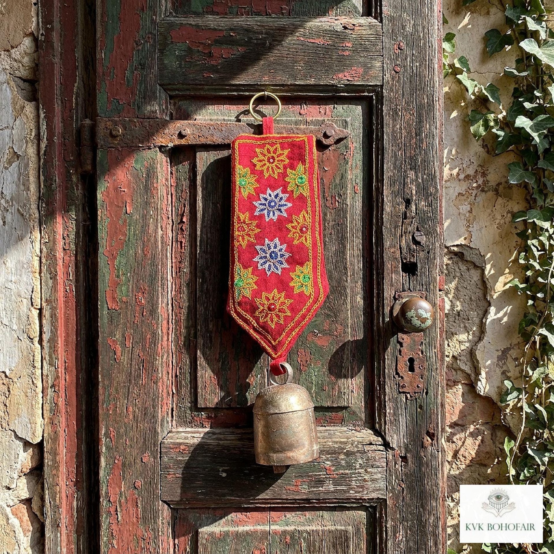Boho Shisha Mirror Embroidery Fabric Banner Chime - Recycled Indian Wall Bell