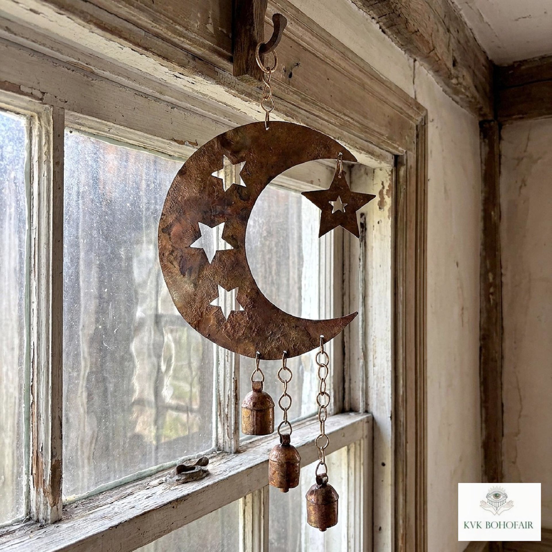 Crescent Moon and Stars with Hanging Bells Windchime - Artisan Metal Garden Decor Brass Bells