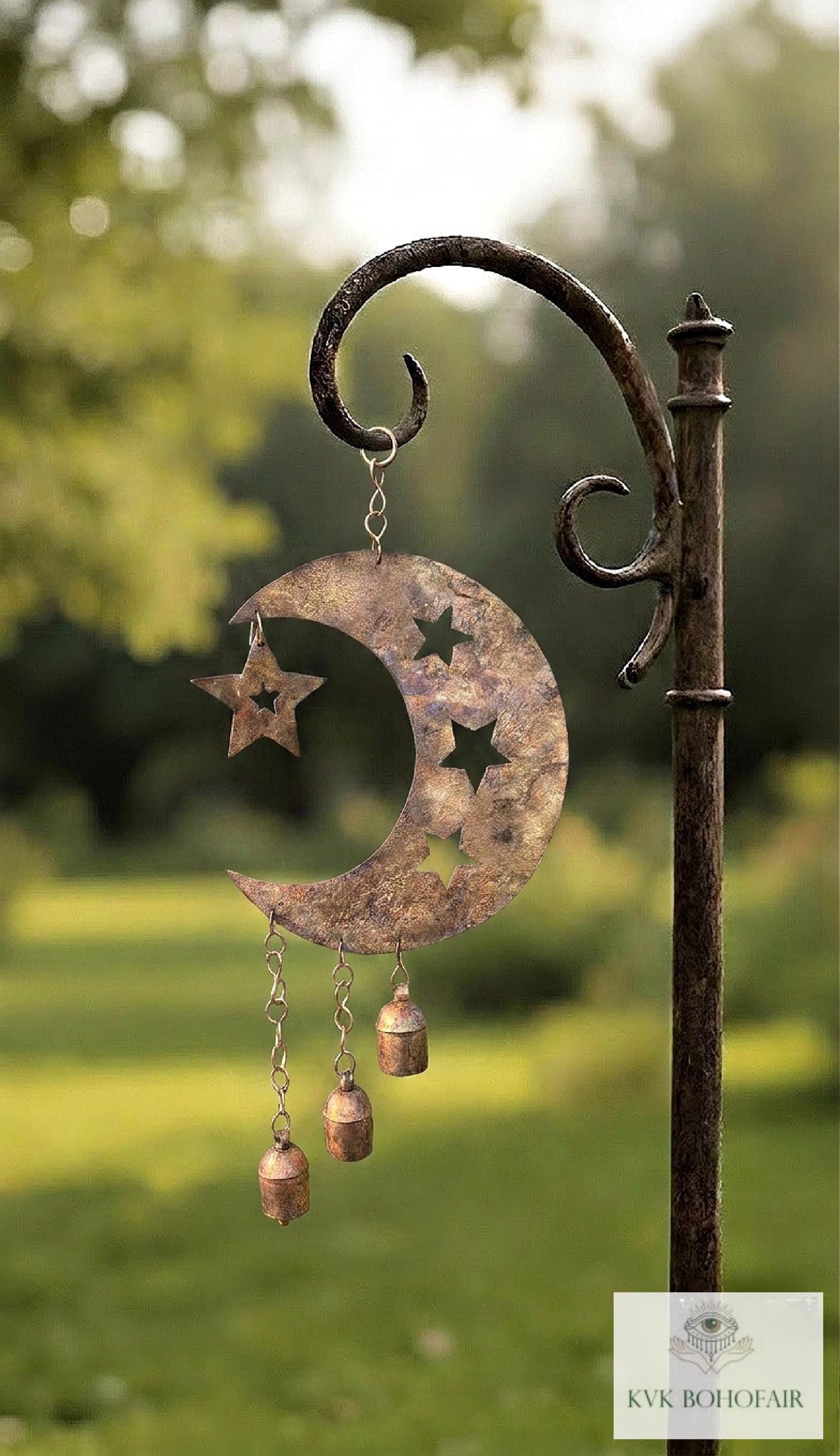 Crescent Moon and Stars with Hanging Bells Windchime - Artisan Metal Garden Decor Brass Bells