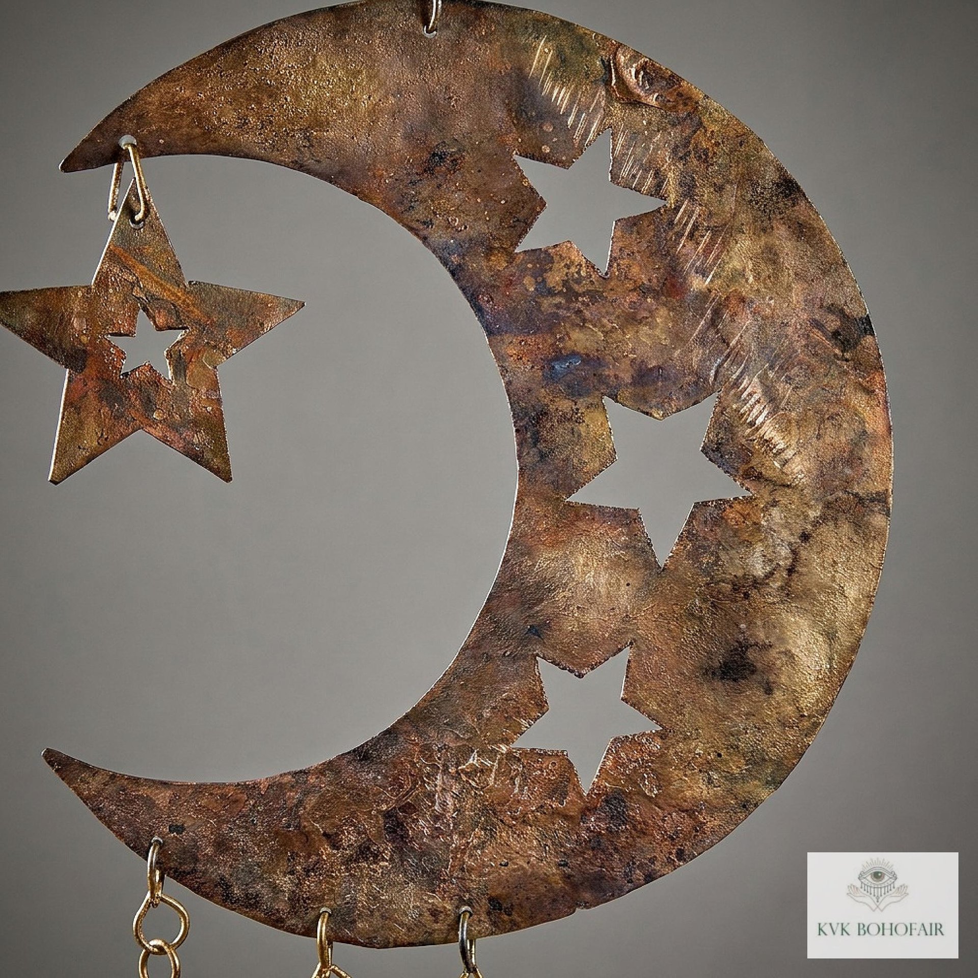Crescent Moon and Stars with Hanging Bells Windchime - Artisan Metal Garden Decor Brass Bells