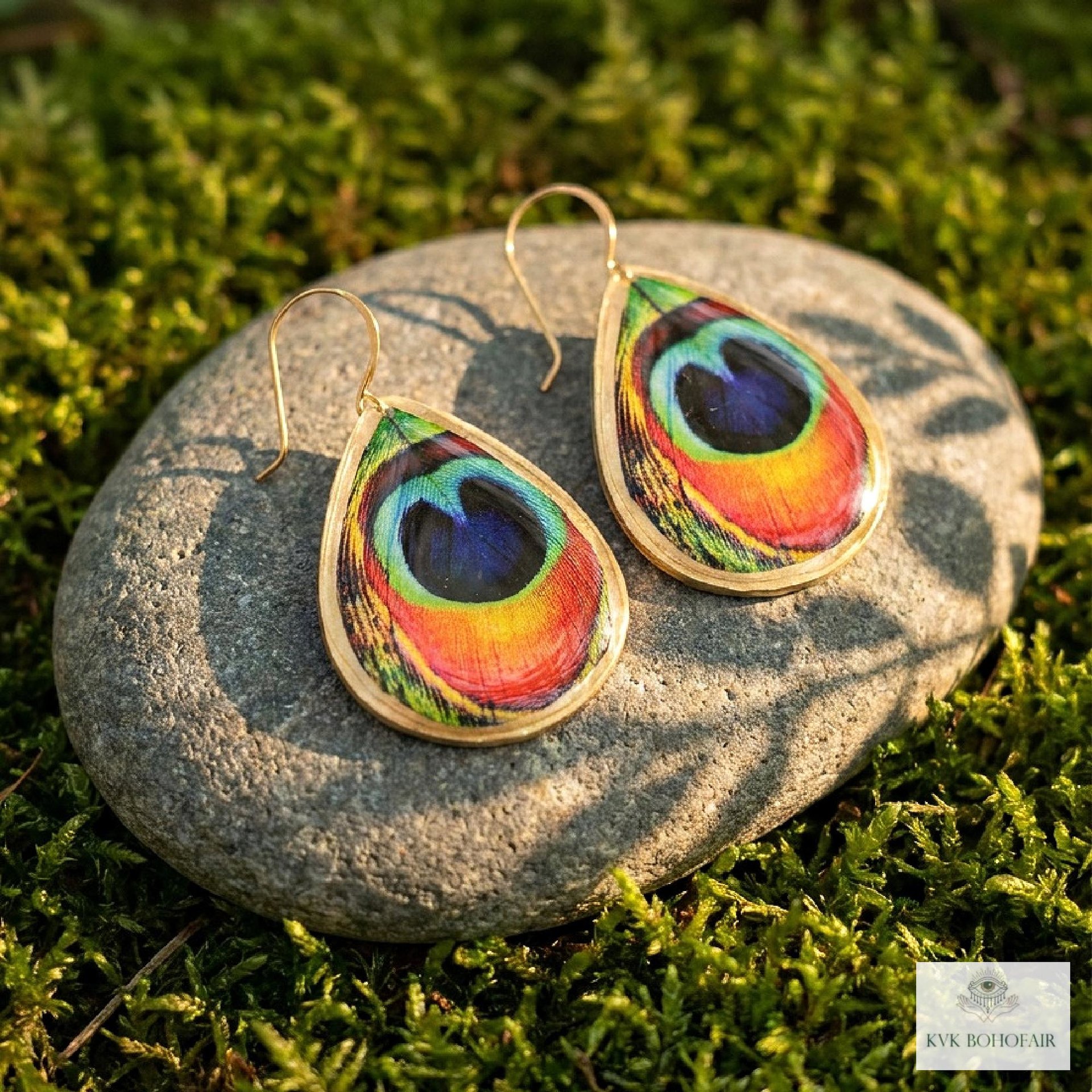Peacock Feather Print Teardrop Earrings, Bohemian Gold Plated Dangles, Colorful Artisan Jewelry Drops