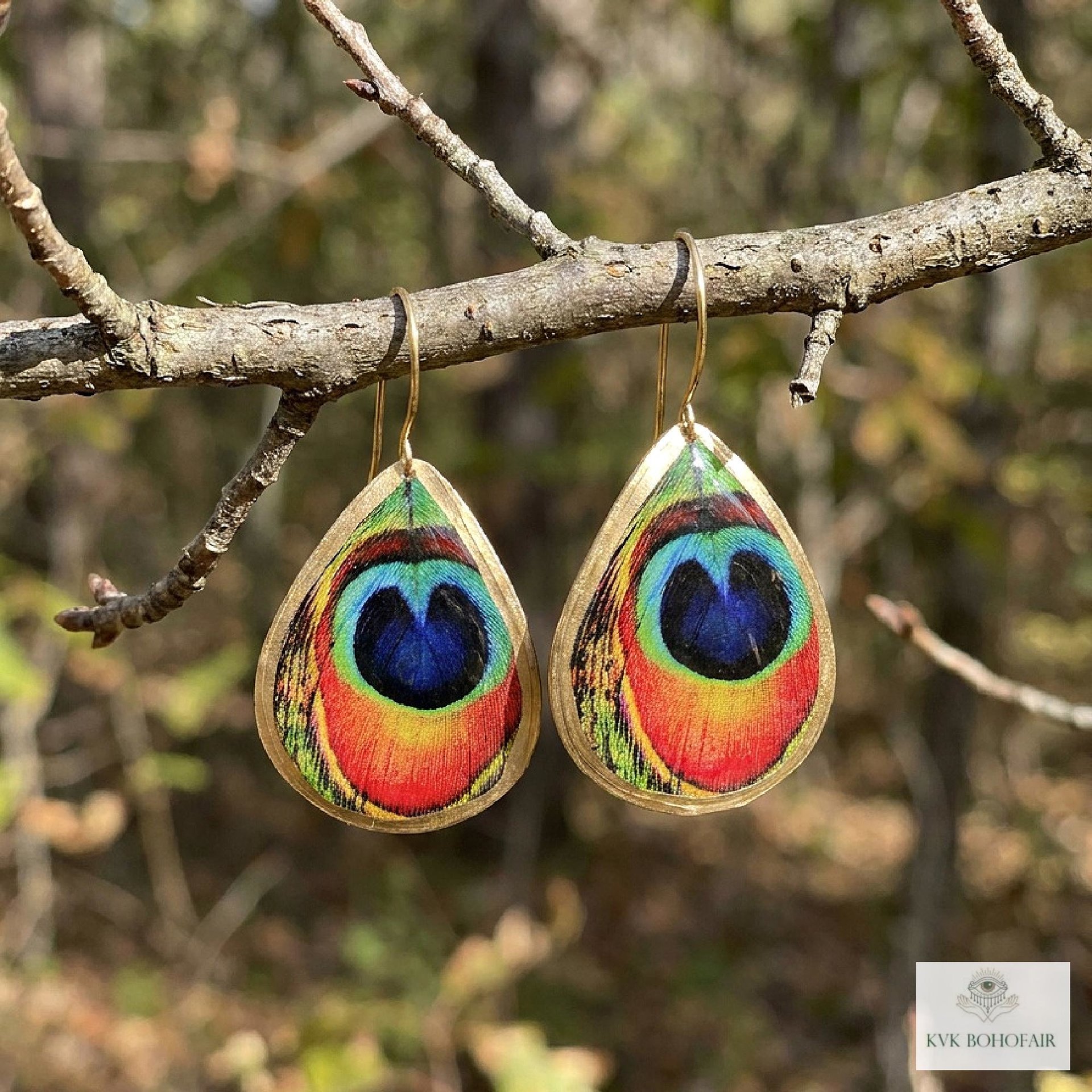 Peacock Feather Print Teardrop Earrings, Bohemian Gold Plated Dangles, Colorful Artisan Jewelry Drops