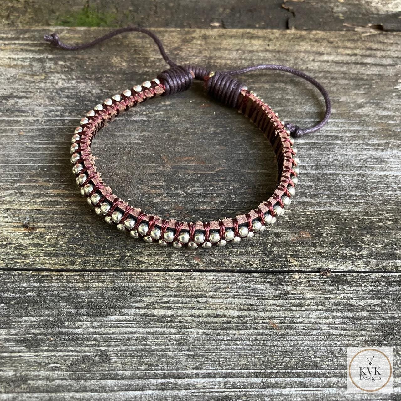 Mens Silver Bead Leather Bracelet
